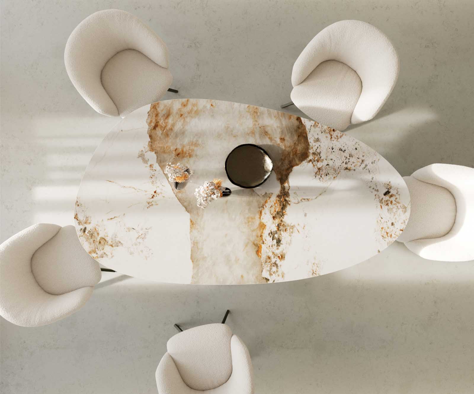 Table à manger Edge Oval 220x120 Céramique Minas Mélange Blanc-Beige Troa Métal Effet Titane 4