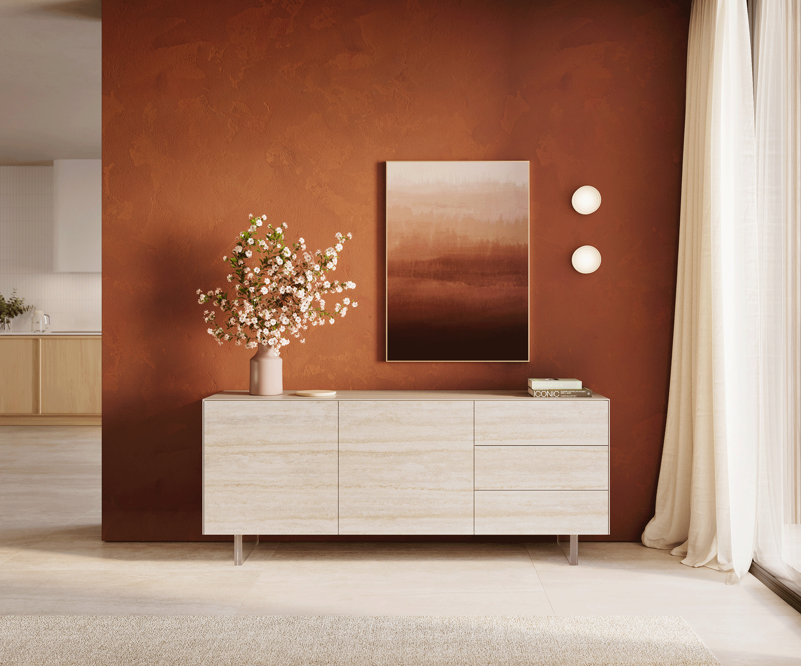 Buffet Cuor 180 cm Céramique Laminam® Travertino Bianco Crème-blanc 2 Portes 3 Tiroirs Pied optique flottant Verre acrylique 1