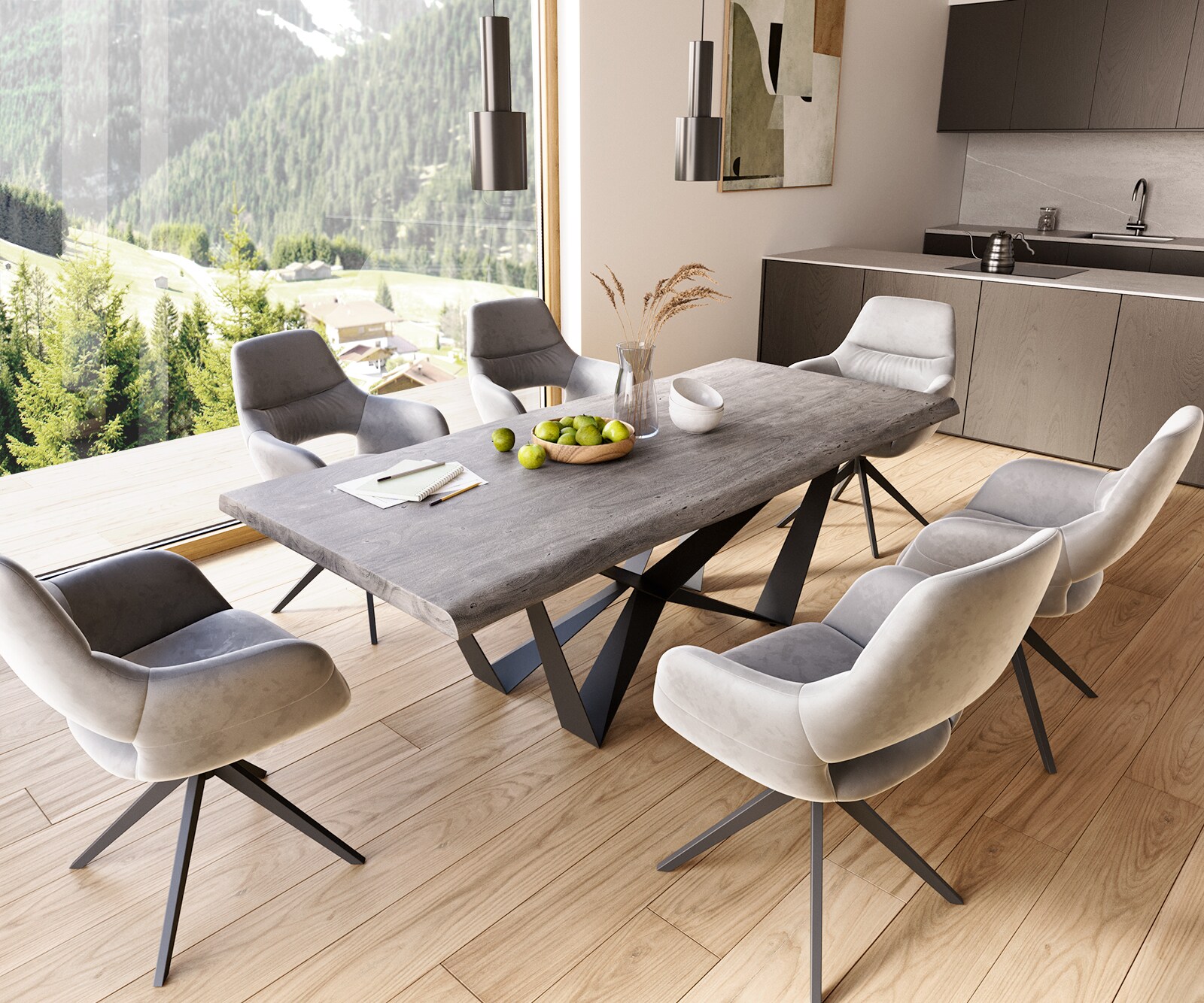 Table à manger Edge 220x100 XL acacia platine Spider acier plat noir Live-Edge 7