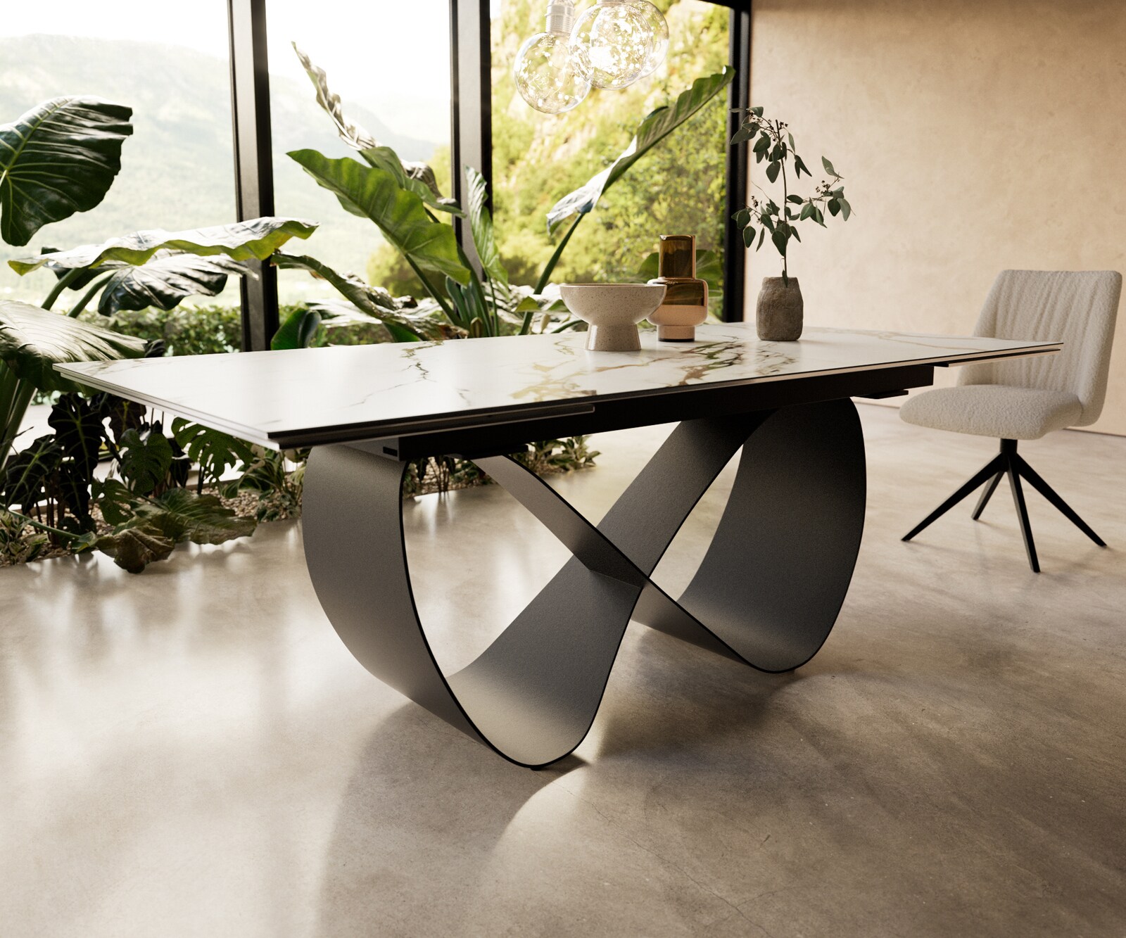Table à manger Edge 200-300x100 cm Céramique Calacatta Luxe Blanc-Or-Gris Infinity Métal Noir extensible 4