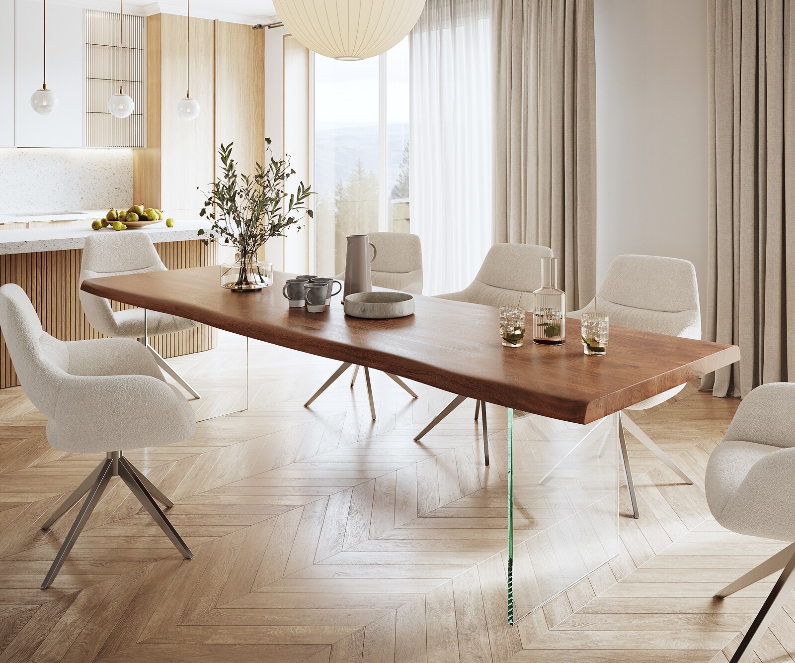 Table à manger Edge 300x100 XL acacia marron verre Live-Edge