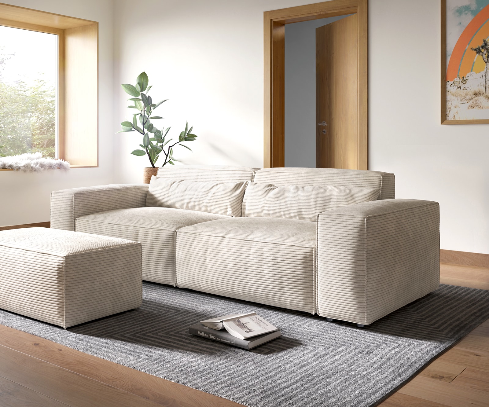 Grand Canapé Sirpio XL 270x130 cm Velours côtelé Beige avec Tabouret Grand Canapé Sirpio XL 270x130 cm Velours côtelé Beige avec Tabouret