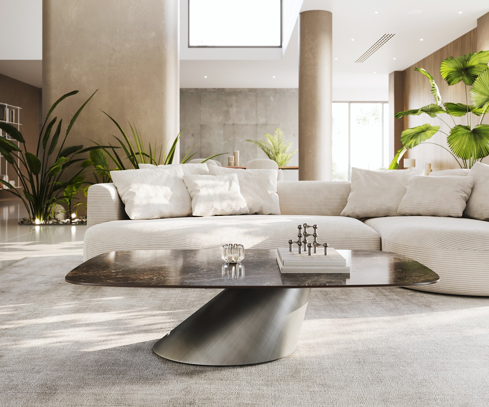 Table basse Edge bateau 140x80 cm céramique Emperador Extra Lucidato brun foncé Conis métallique argent 1