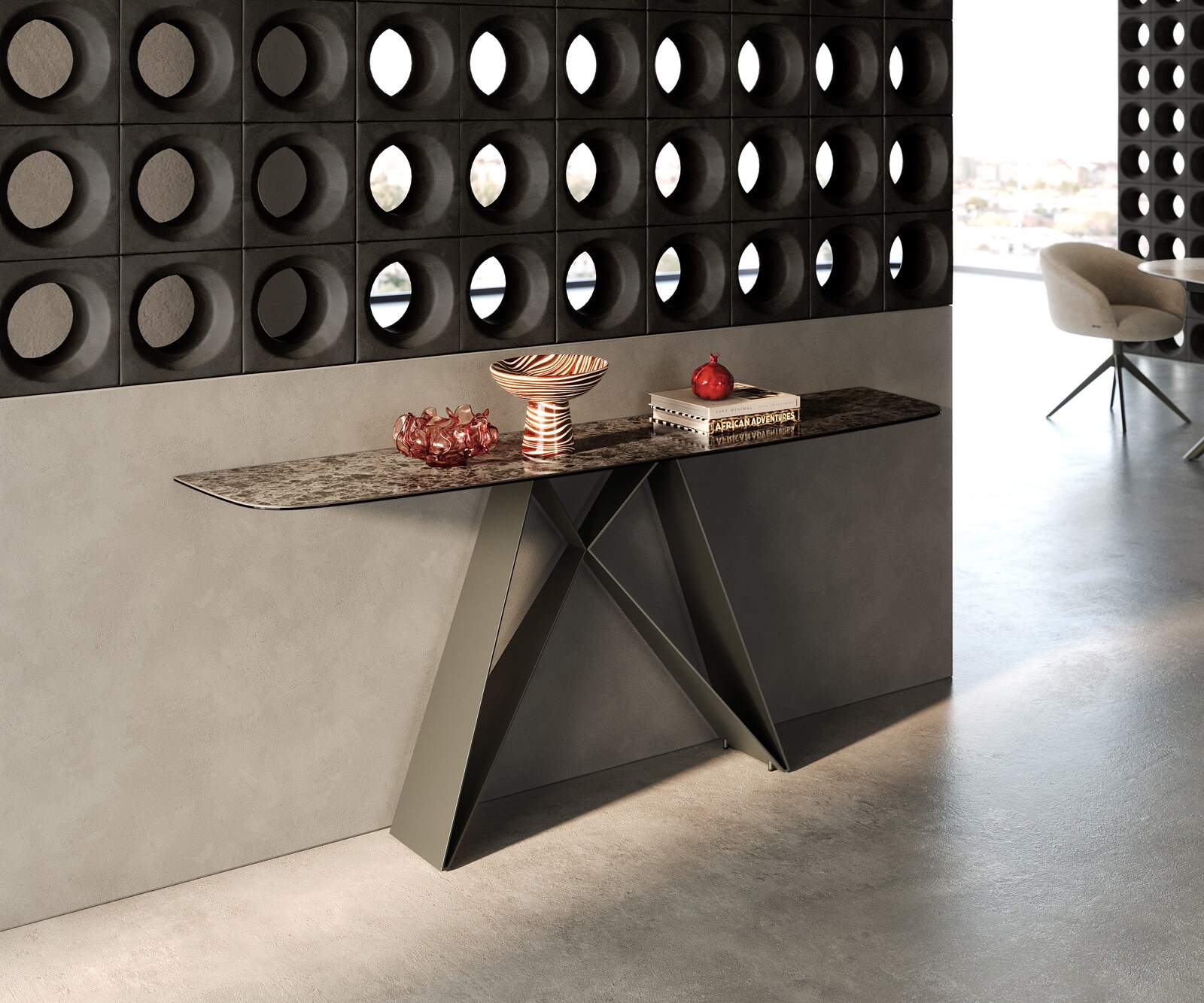 Console Edge forme bateau 180x40 cm Céramique Emperador Extra Lucidato Dunkelbraun Velio Métal Effektfinish Titan 4