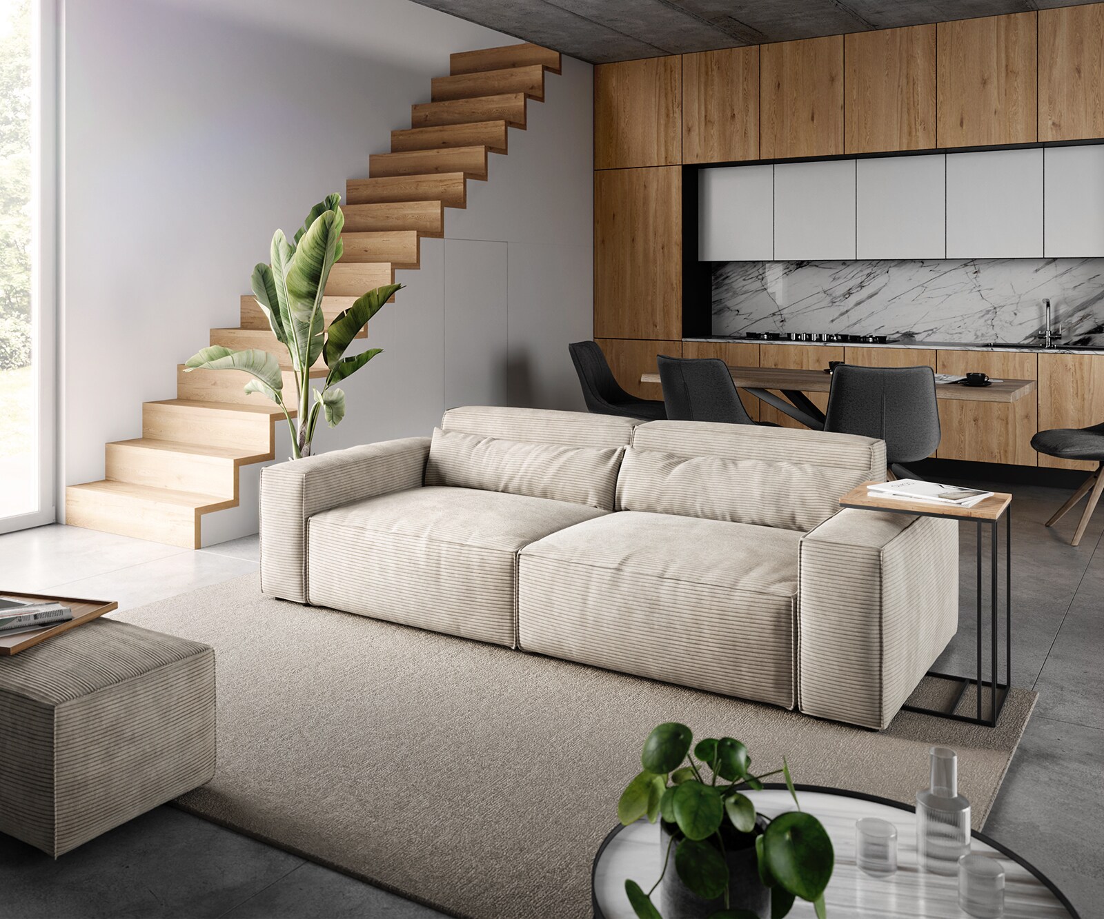 Grand Canapé Sirpio 230x95 cm Velours côtelé Beige avec Tabouret
