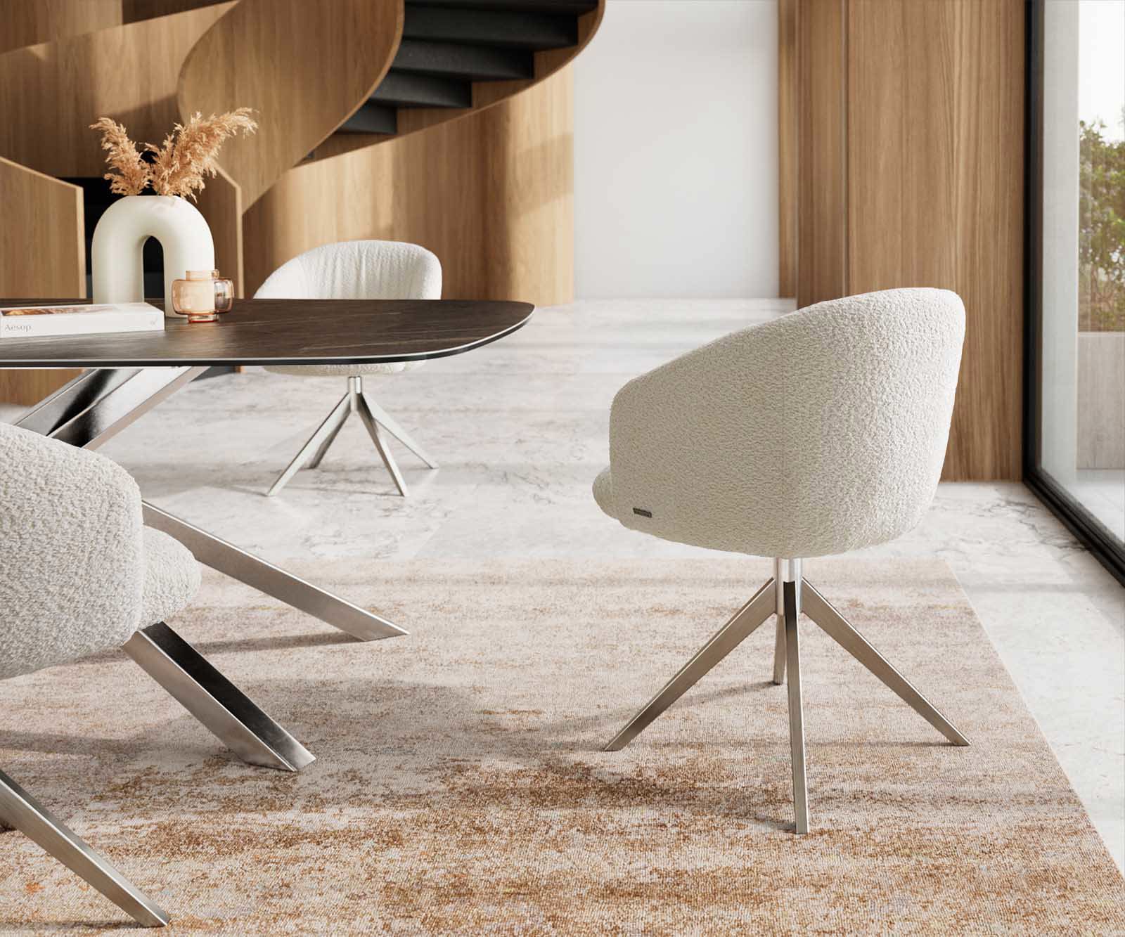 Chaise-pivotante Caja-Flex avec accoudoirs bouclé blanc pied croisé large acier inoxydable brossé pivotement sur 360° ressorts ensachés 4 Chaise-pivotante Caja-Flex avec accoudoirs bouclé blanc pied croisé large acier inoxydable brossé pivotement sur 360° ressorts ensachés 4