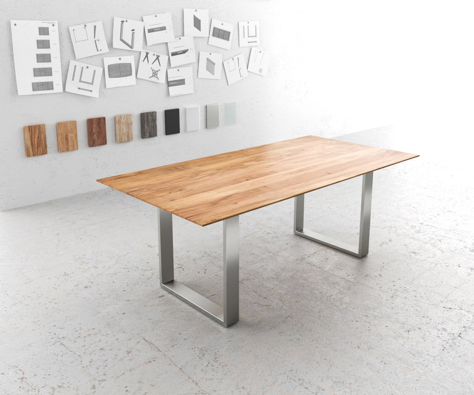 Table-à-manger Edge 200x100 acacia nature acier inoxydable mince bord suisse
