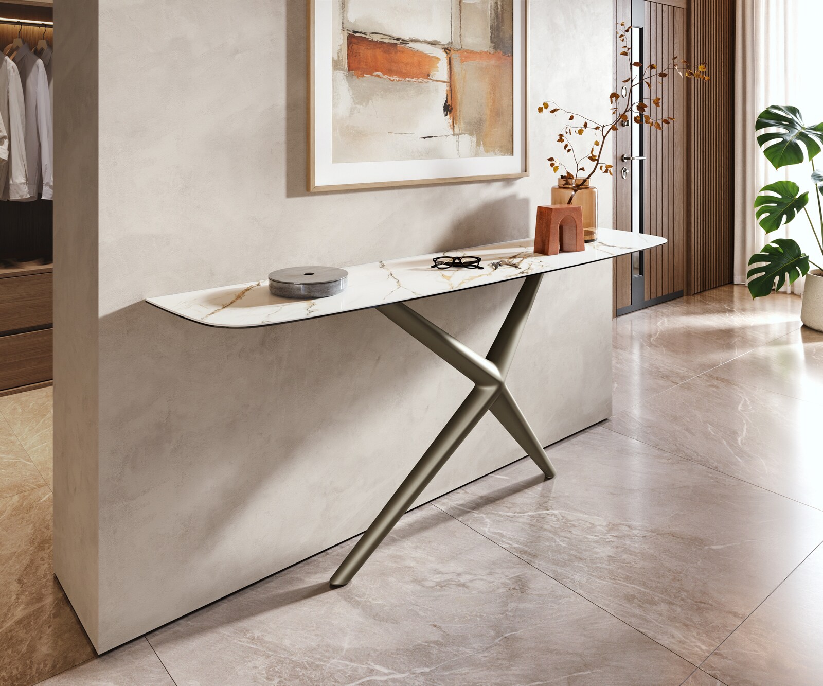 Console Edge forme bateau 180x40 cm Céramique Calacatta Luxe Weiß-Gold-Gris Estelo Métal Effektfinish Titan 4