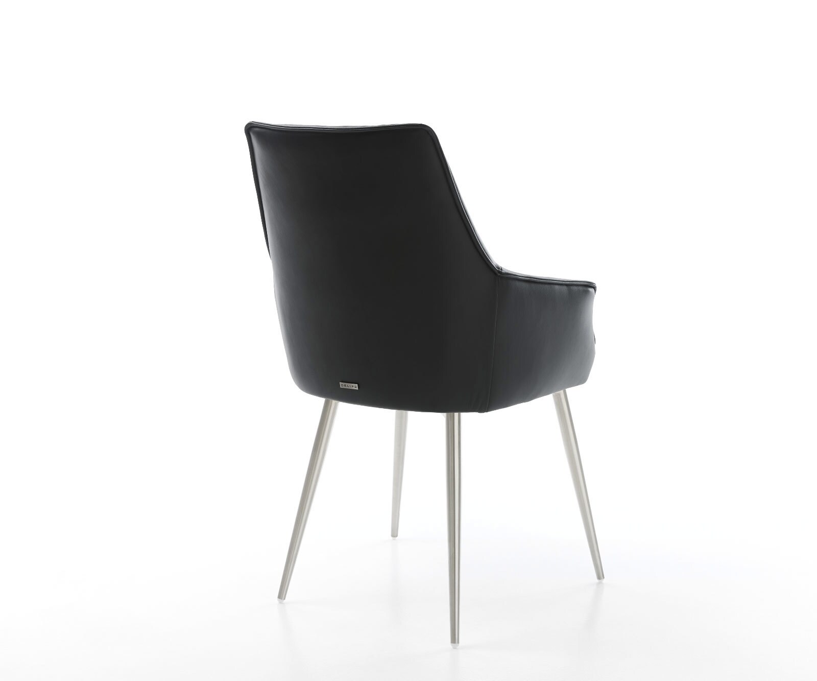 Chaise-de-salle-à-manger Alja-Flex avec accoudoirs cuir de vache noir 4 pieds coniques acier inoxydable brossé ressorts ensachés 5