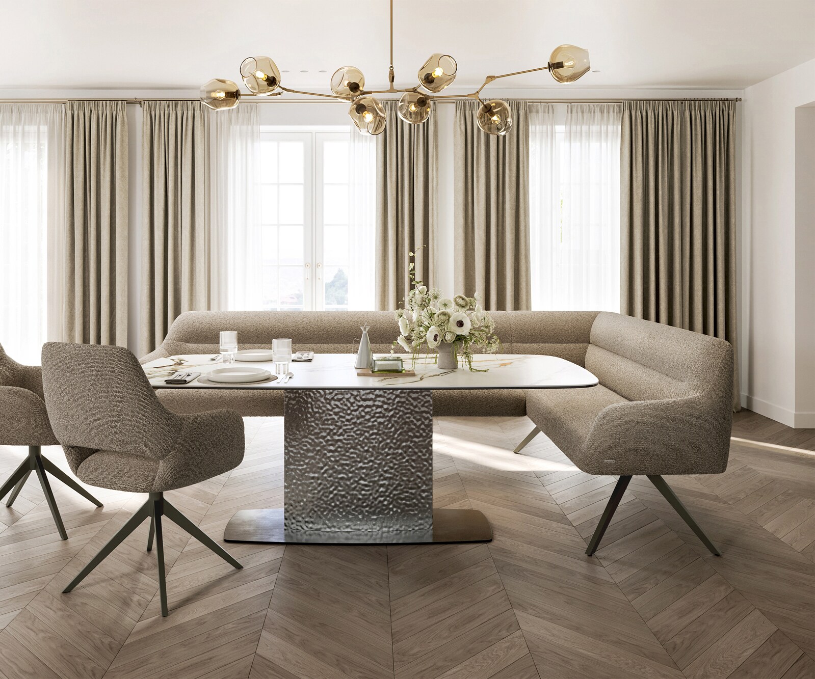 Banc-de-salle-à-manger Taya-Flex 285x190 cm bouclé boue pied croisé angulaire titane ressort ensaché liens 1