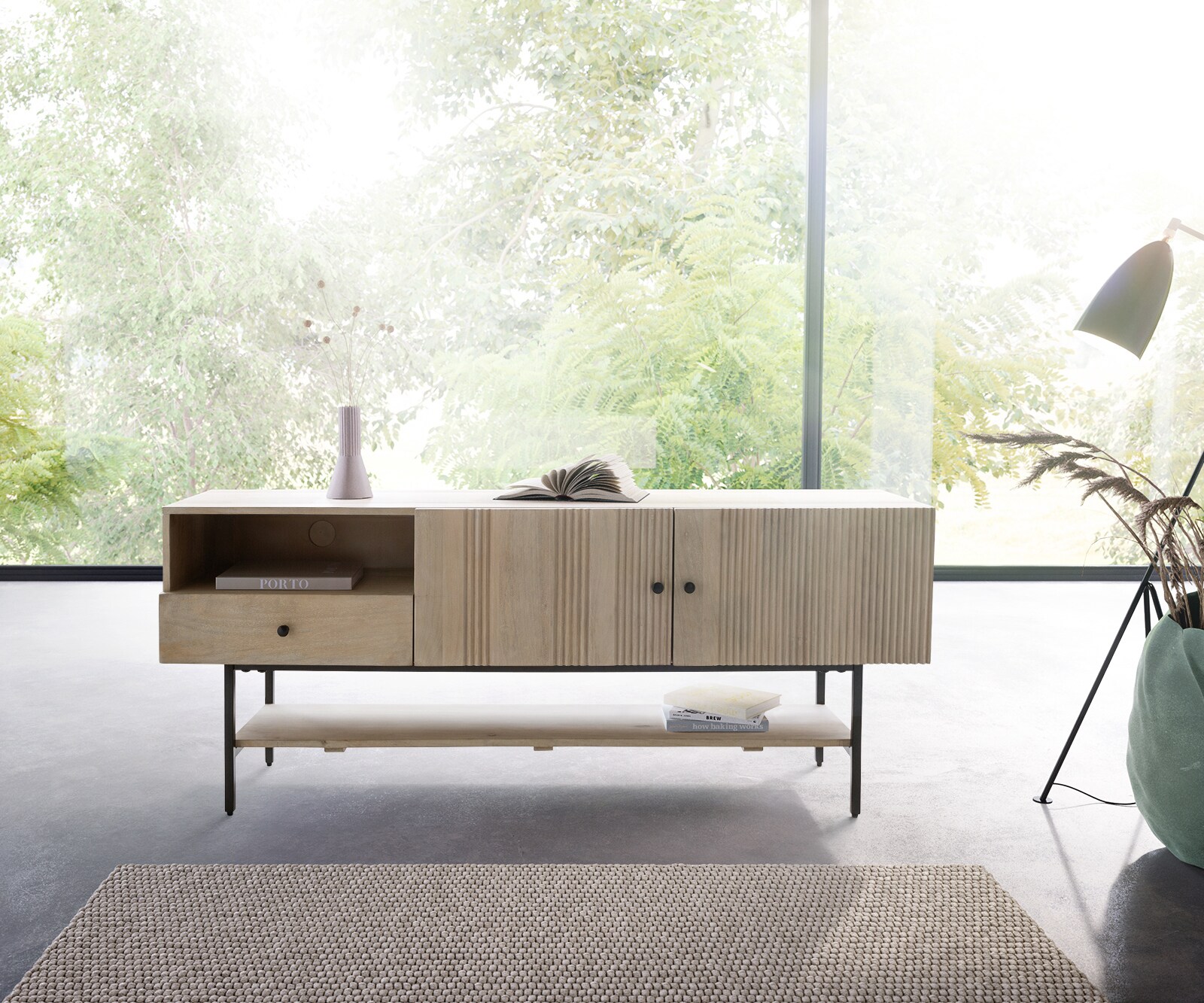Meuble-TV Nessa 160x40 cm Manguier White Wash Métal Noir 1 tiroir 2 portes