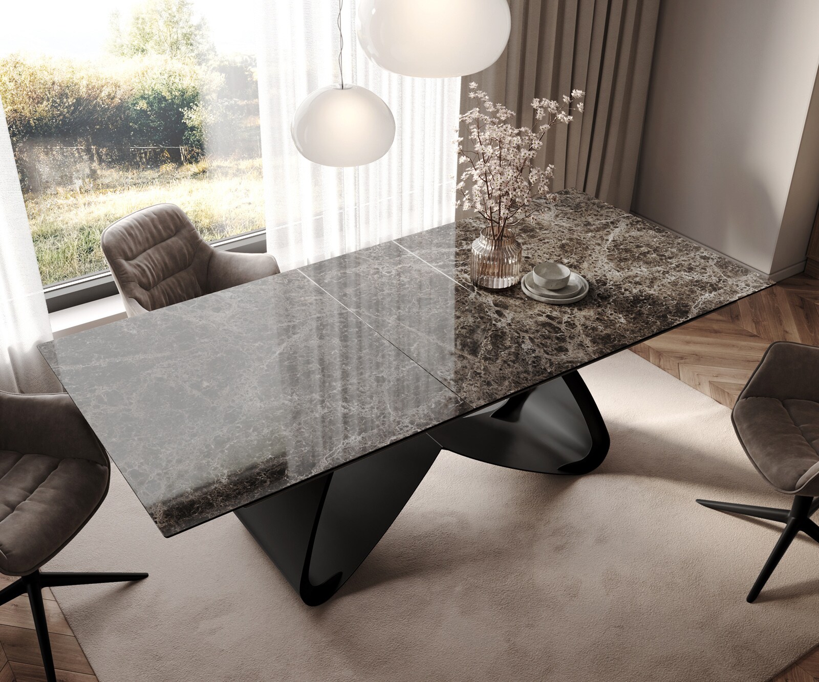 Table de salle à manger Edge Céramique Emperador Extra Lucidato Brun foncé 180-220x100 Piètement en W Noir extensible 4