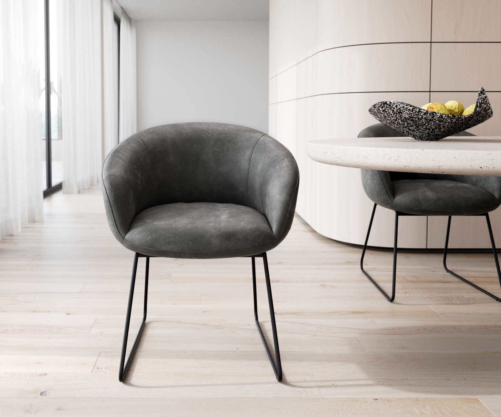 Chaise-de-salle-à-manger Vinka-Flex avec accoudoirs microvelours anthracite vintage pied trapèze noir ressorts ensachés 1 Chaise-de-salle-à-manger Vinka-Flex avec accoudoirs microvelours anthracite vintage pied trapèze noir ressorts ensachés 1