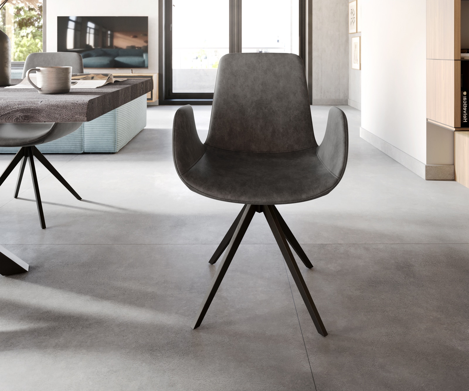Chaise-de-salle-à-manger Ilia-Flex avec accoudoirs microvelours anthracite vintage pied croisé angulaire noir 1 Chaise-de-salle-à-manger Ilia-Flex avec accoudoirs microvelours anthracite vintage pied croisé angulaire noir 1