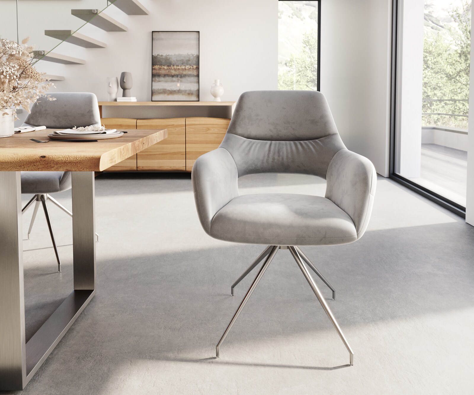 Chaise-de-salle-à-manger Yago-Flex avec accoudoirs velours gris pied croisé conique acier inoxydable brossé ressorts ensachés 1 Chaise-de-salle-à-manger Yago-Flex avec accoudoirs velours gris pied croisé conique acier inoxydable brossé ressorts ensachés 1