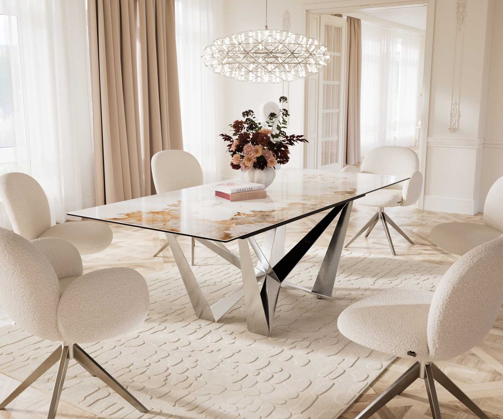 Table à manger Edge 180-220x100 céramique Minas mélange blanc-beige Spider acier plat acier inoxydable extensible 9