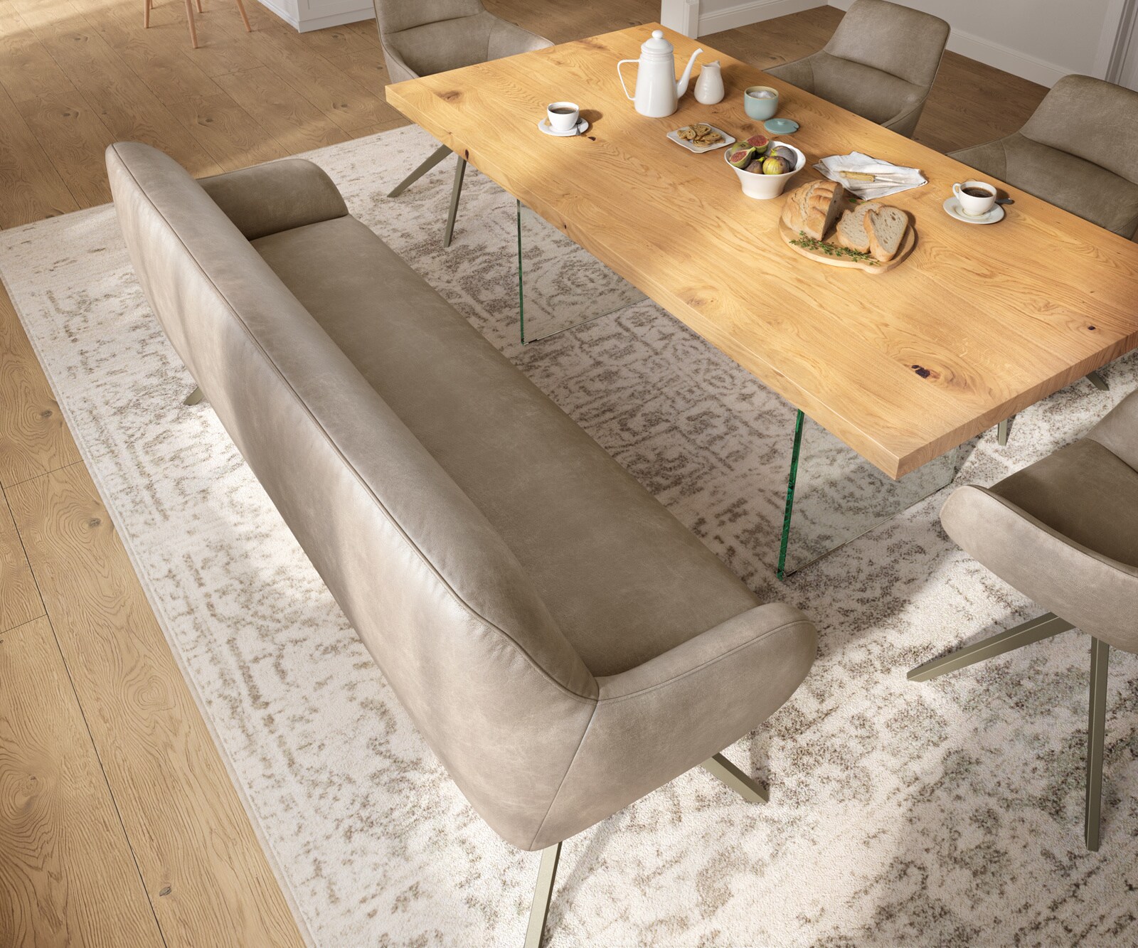 Banc-de-salle-à-manger Taya-Flex 200 cm microfibre beige vintage pied croisé angulaire titane ressort ensaché 3