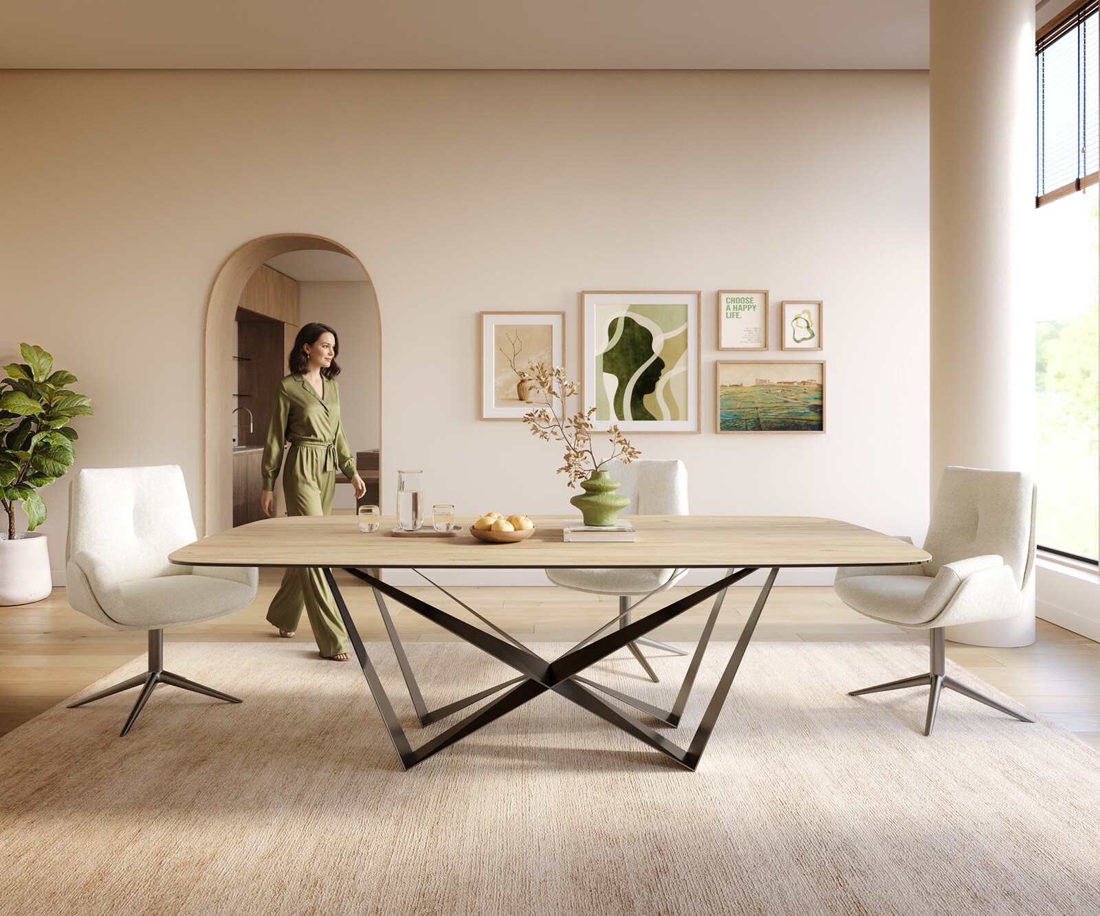 Table à manger Edge Boot 240x120 cm Céramique Laminam® Sabbia Eichefarbig Spider Flachstahl Acier inoxydable Graphite 1