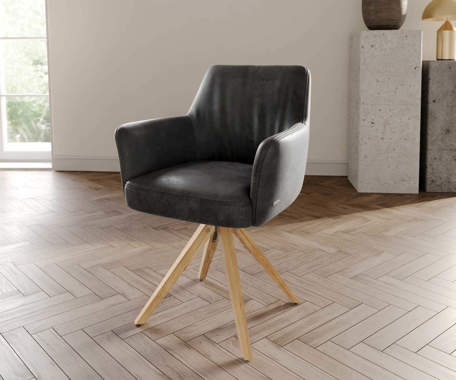 Chaise-pivotante Xana-Flex avec accoudoirs microvelours anthracite vintage pied en bois angulaire naturel pivotement sur 180° ressorts ensachés