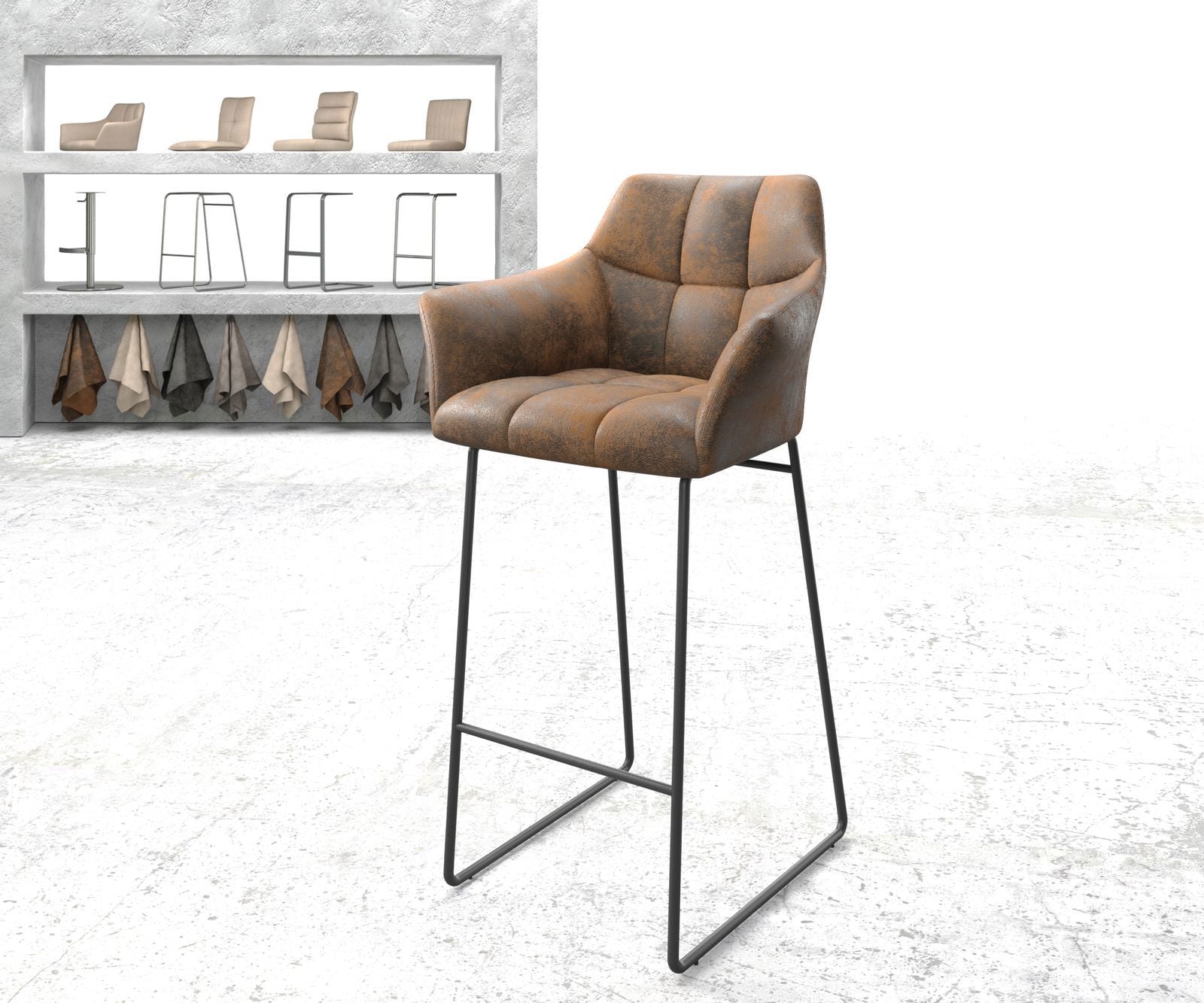 Chaise-de-bar Yulo-Flex vintage marron cadre patin métal Chaise-de-bar Yulo-Flex vintage marron cadre patin métal