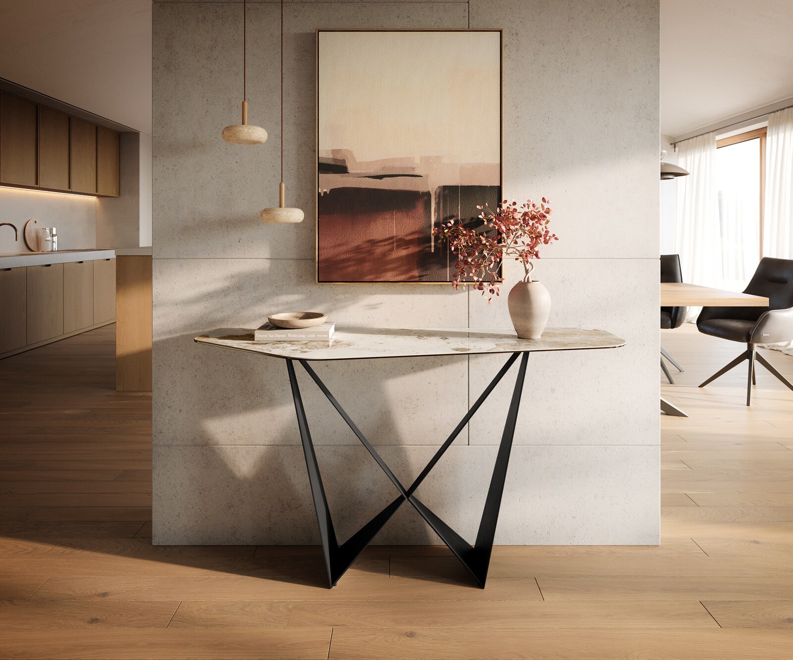 Console Edge Polygonal 140x50 cm Céramique Minas Melange Weiß-Beige Spios Métal Noir 4