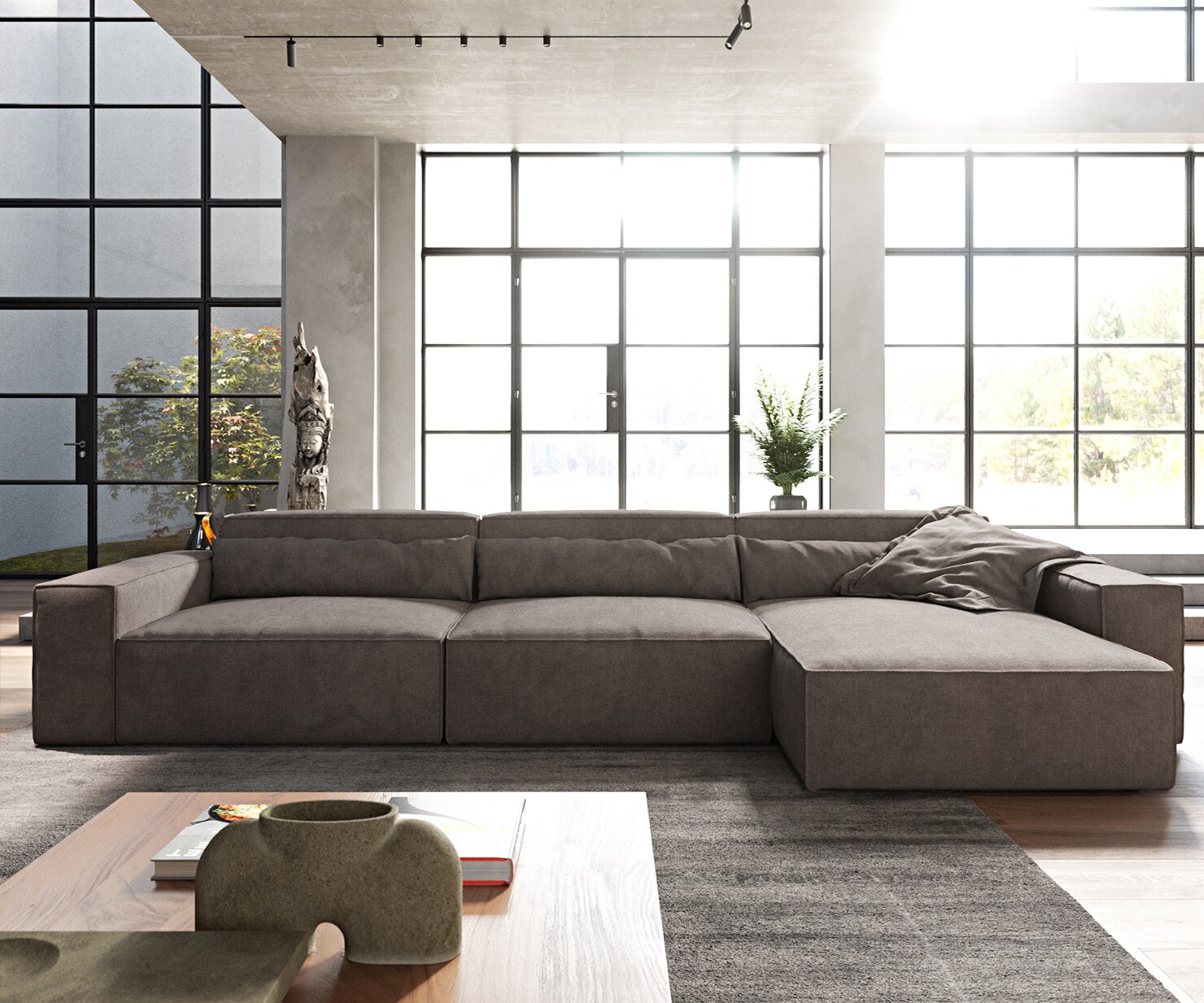 Canapé d'angle Sirpio XL 370x170 cm Microfibre Marron Kaki Recamiere variable 1