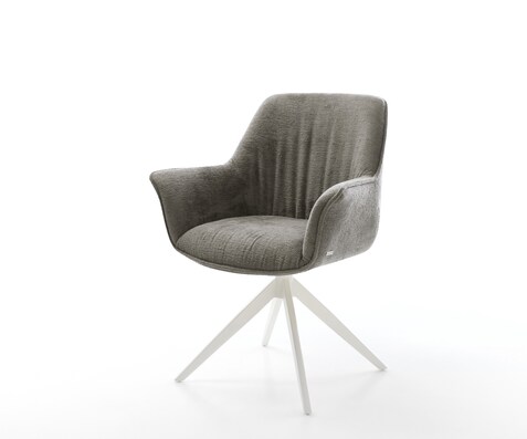 Chaise-pivotante Keila-Flex avec accoudoirs bouclé doux couleur boue pied croisé large blanc pivotement sur 360° fonction bascule