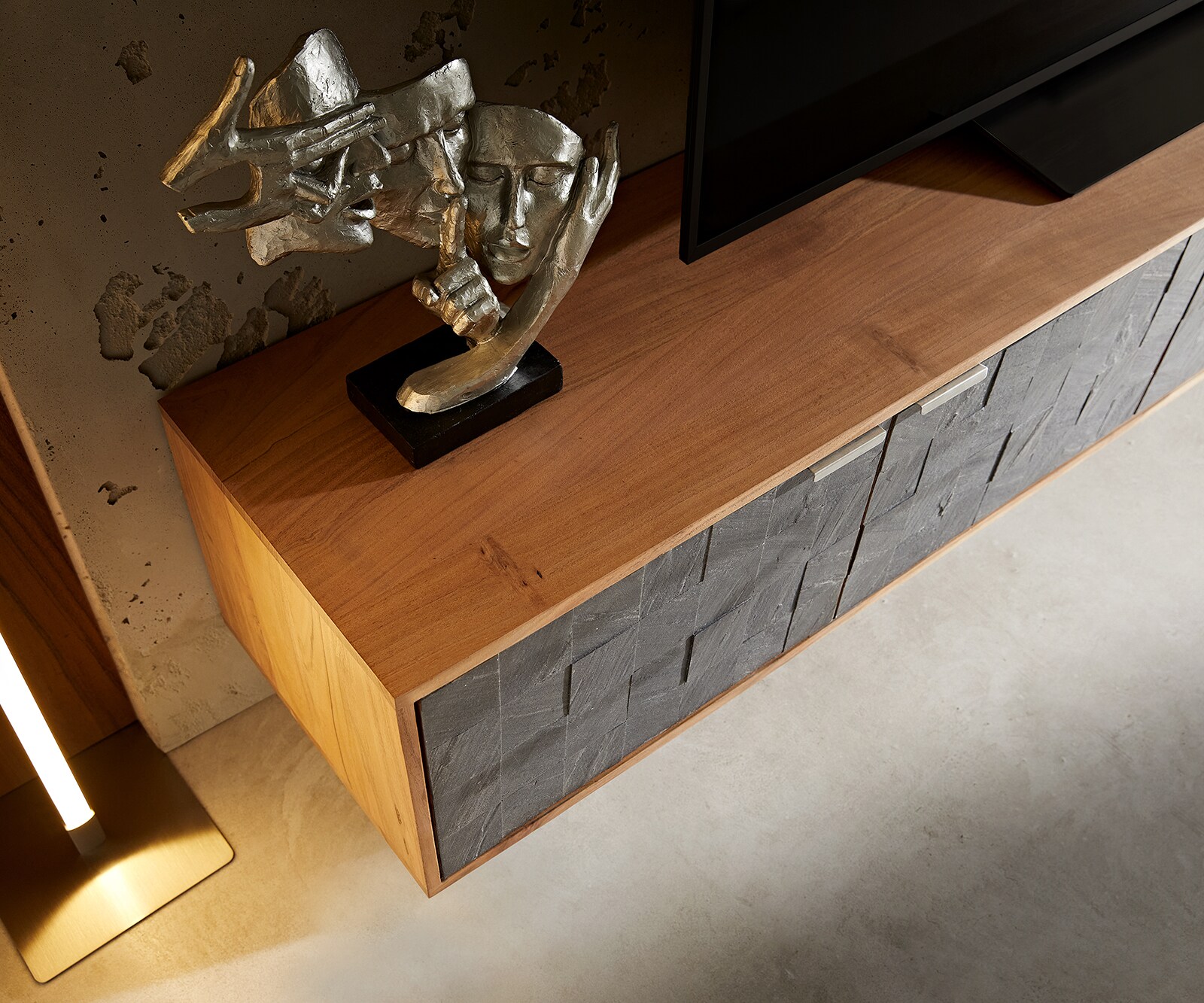 Meuble TV Teele 200 cm acacia naturel ardoise 4 portes flottantes 3