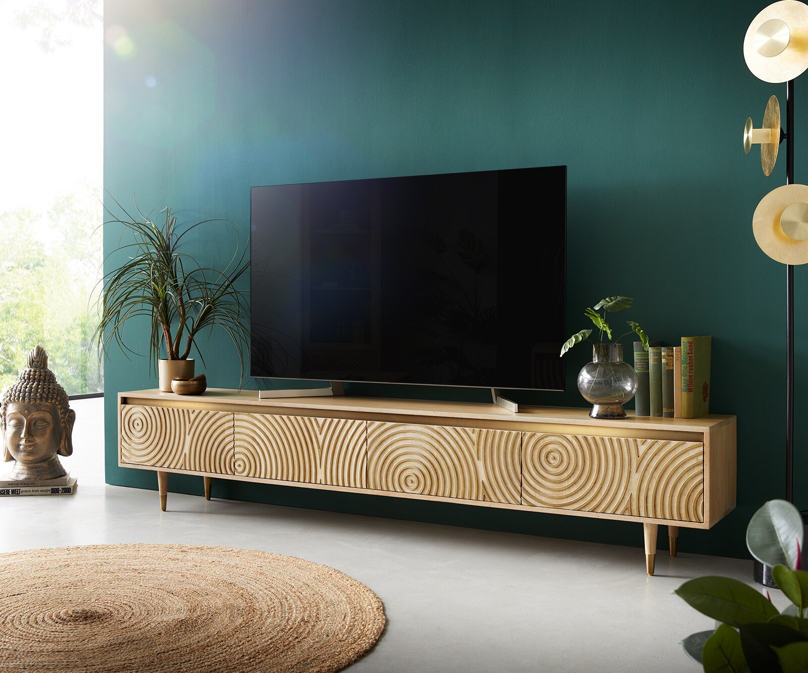 Meuble-TV Budaya 220 cm manguier naturel 4 portes pied conique