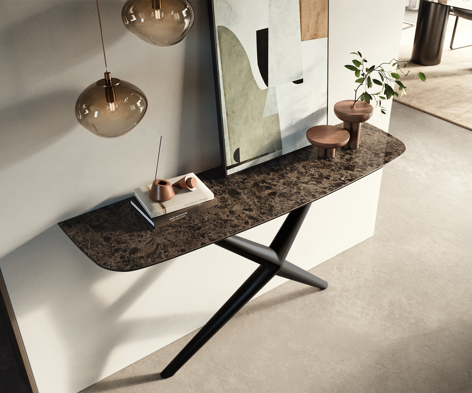 Console Edge forme bateau 140x40 cm Céramique Emperador Extra Lucidato Dunkelbraun Estelo Métal Noir 1