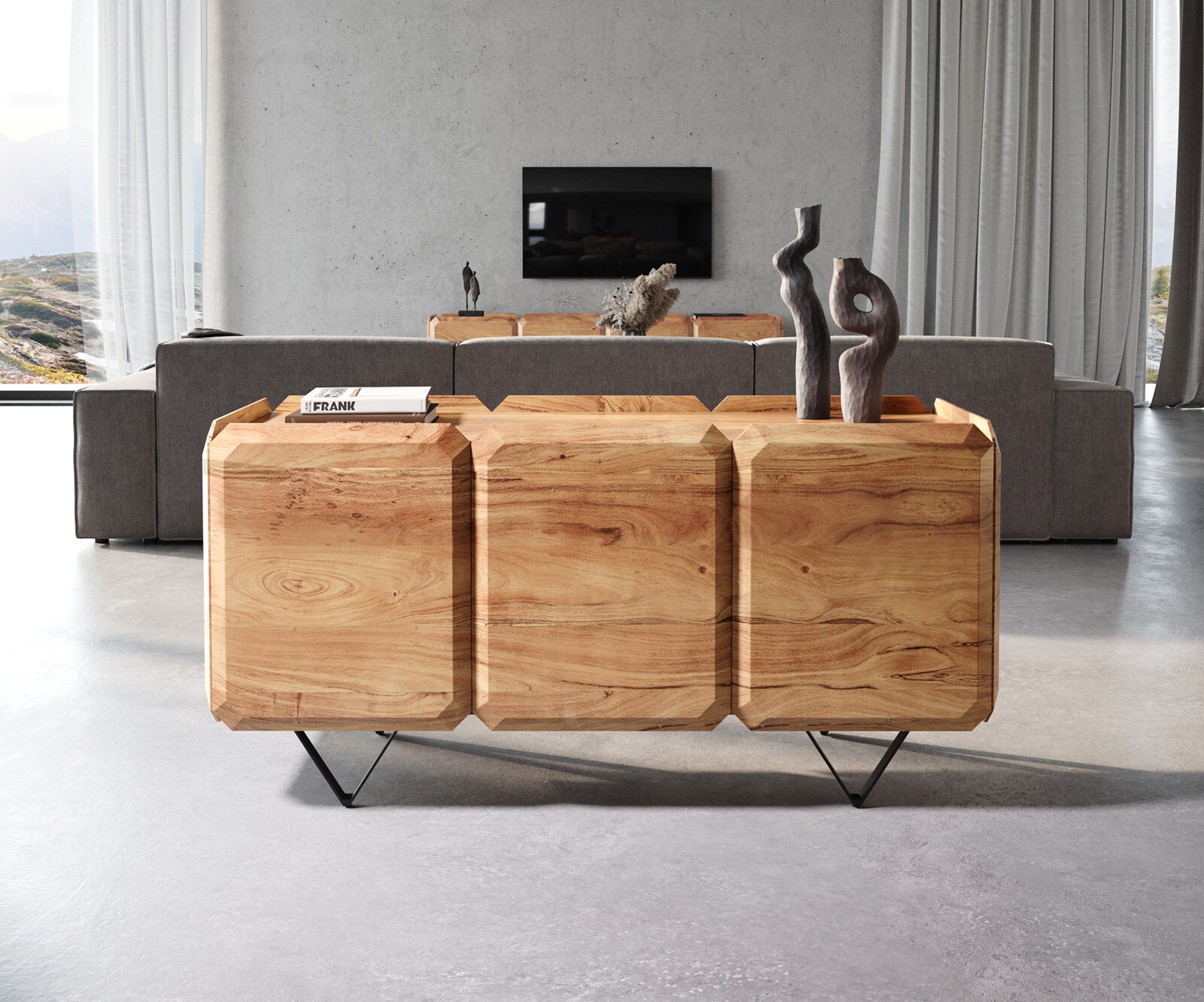 Buffet Kiano 145 cm Acacia Nature 3 Portes Pied en V Noir Séparateur de pièce 1