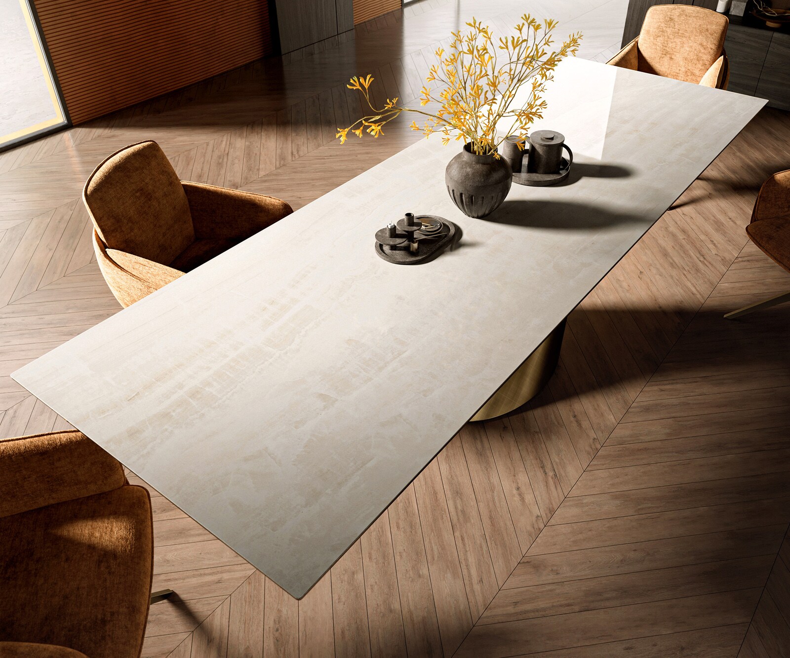 Table à manger Edge 300x100 cm céramique Onyx Champagne Cono métal doré 4