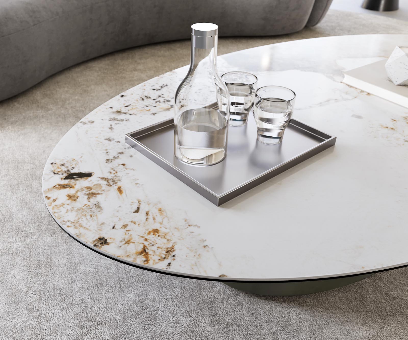 Table-basse Casilda 150x90 cm céramique Minas Melange blanc-beige pied central Finition à effet titane 6