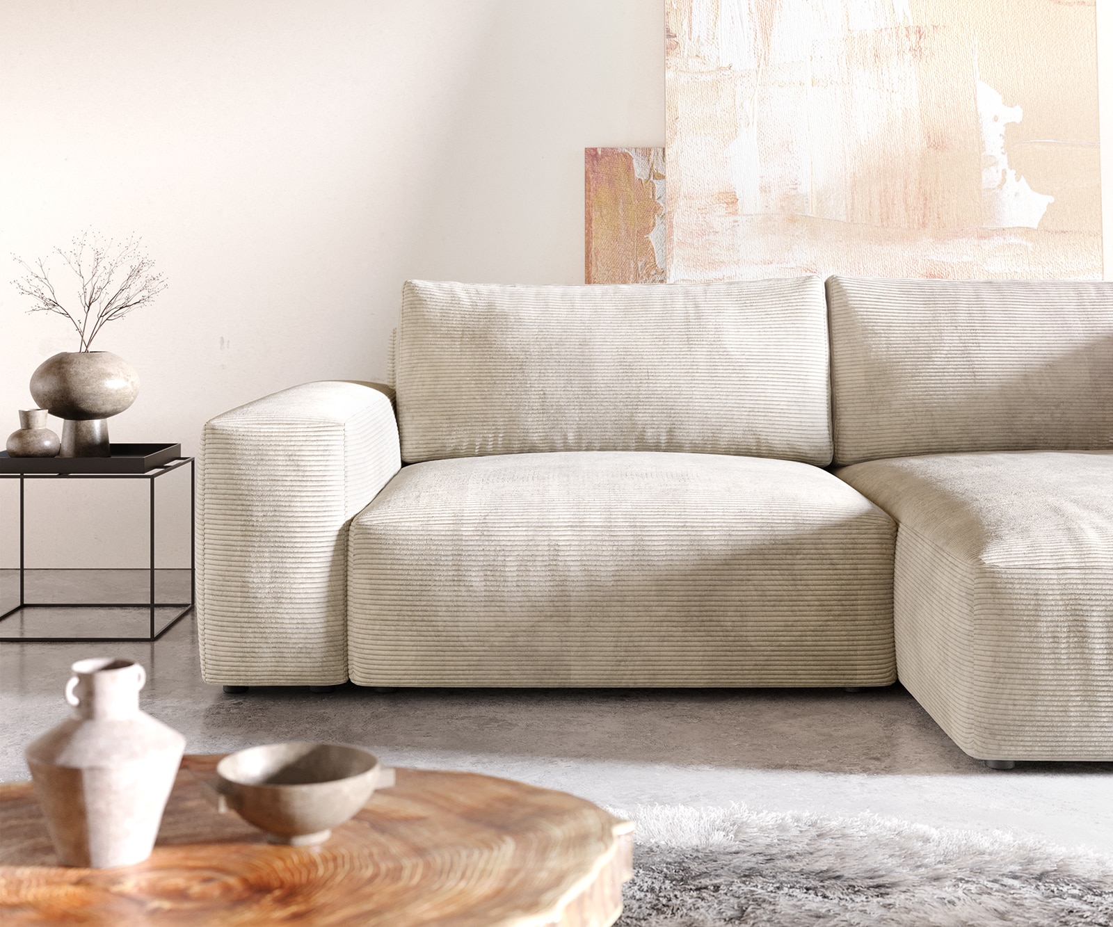 Canapé d'angle Lanzo XL 270x180 cm Velours côtelé Beige Recamière variable 4 Canapé d'angle Lanzo XL 270x180 cm Velours côtelé Beige Recamière variable 4