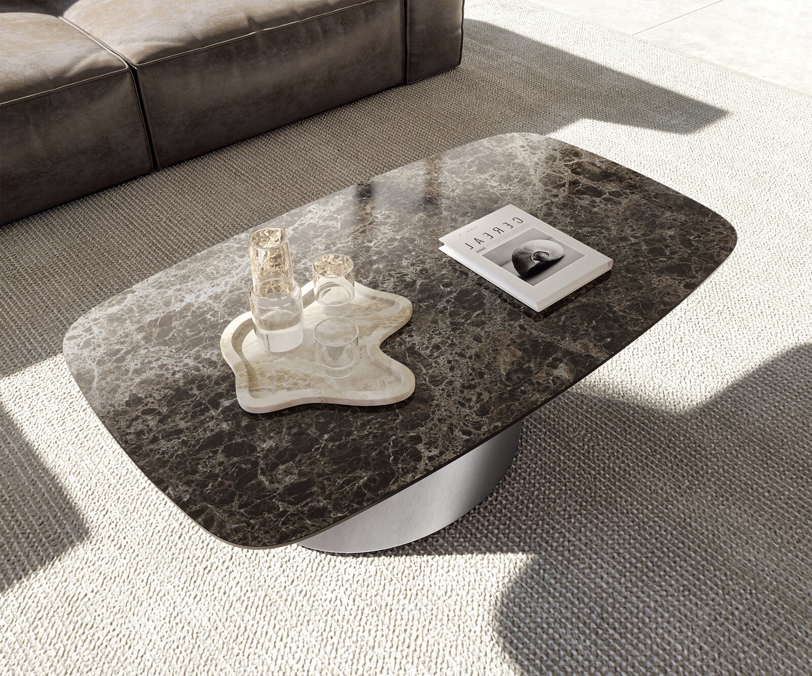 Table basse Edge Boot 120x70 cm céramique Laminam® Emperador Extra Lucidato brun foncé Conis acier inoxydable brossé 4