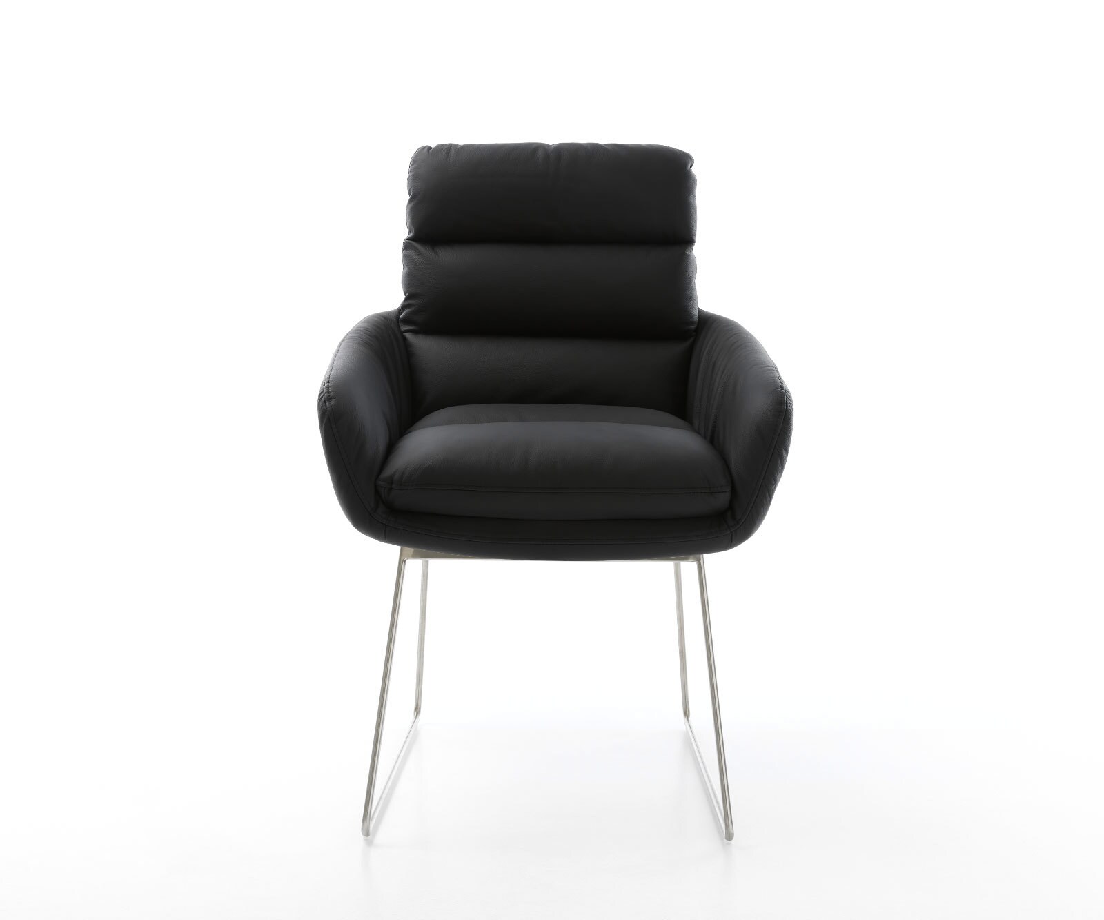 Chaise-de-salle-à-manger Abelia-Flex avec accoudoirs cuir de vache noir pied trapèze acier inoxydable brossé 1 Chaise-de-salle-à-manger Abelia-Flex avec accoudoirs cuir de vache noir pied trapèze acier inoxydable brossé 1