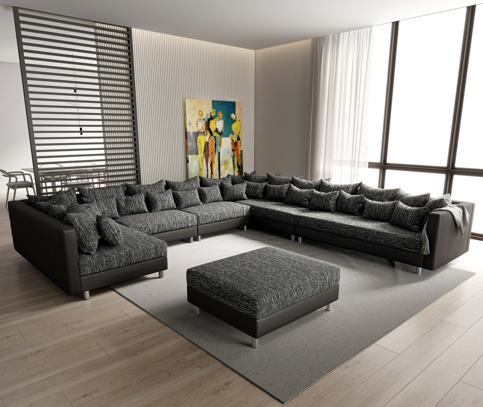 Canapé-panoramique Clovis XXL noir modulable tabouret poufs droite