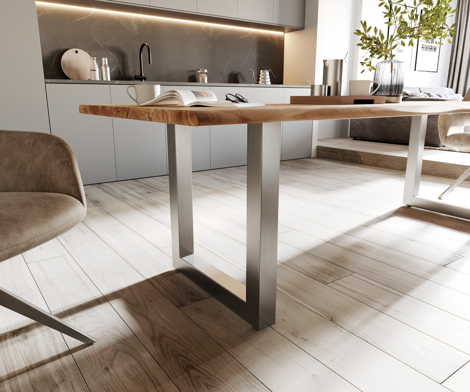 Table-à-manger Edge 260x100 acacia nature acier inoxydable large Live-Edge 5