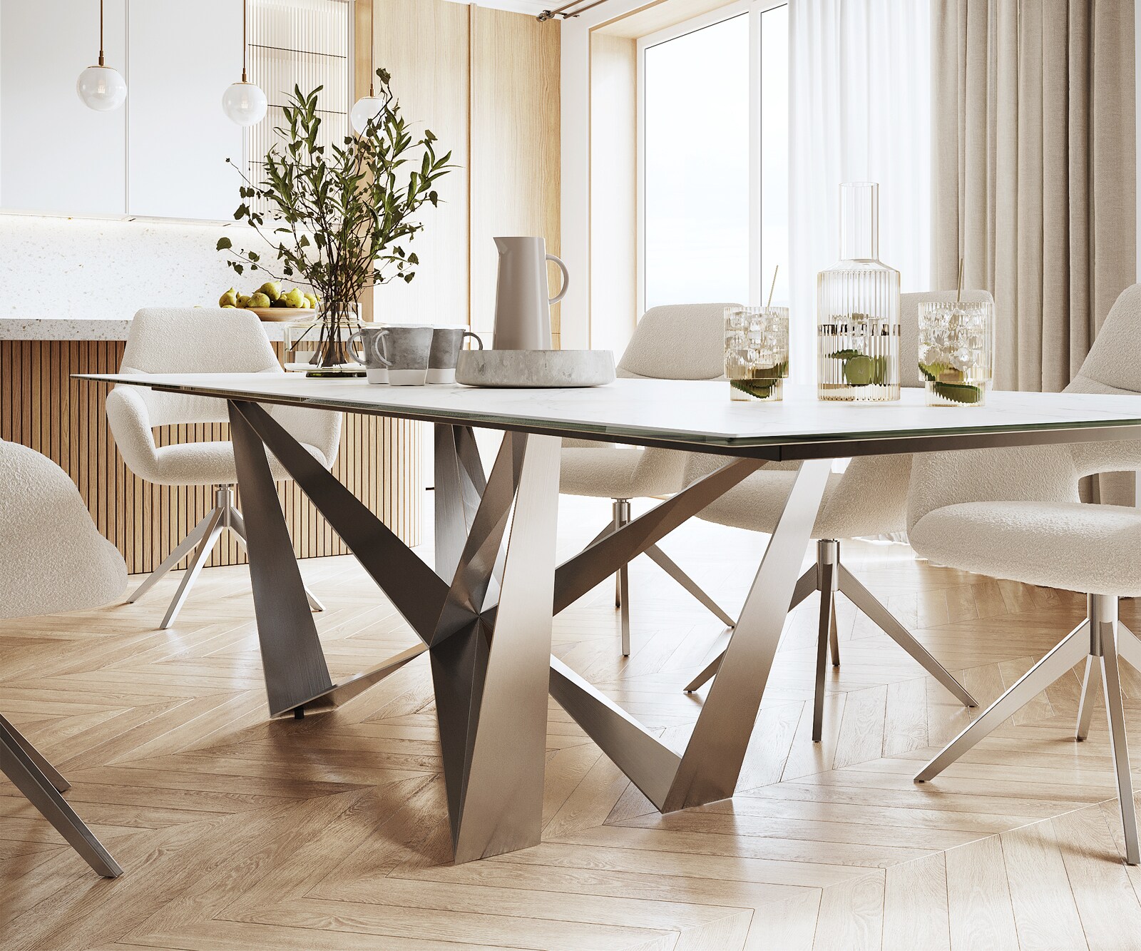 Table-à-manger Edge 300x100cm Laminam® céramique blanc pieds milieu acier plat argent 5