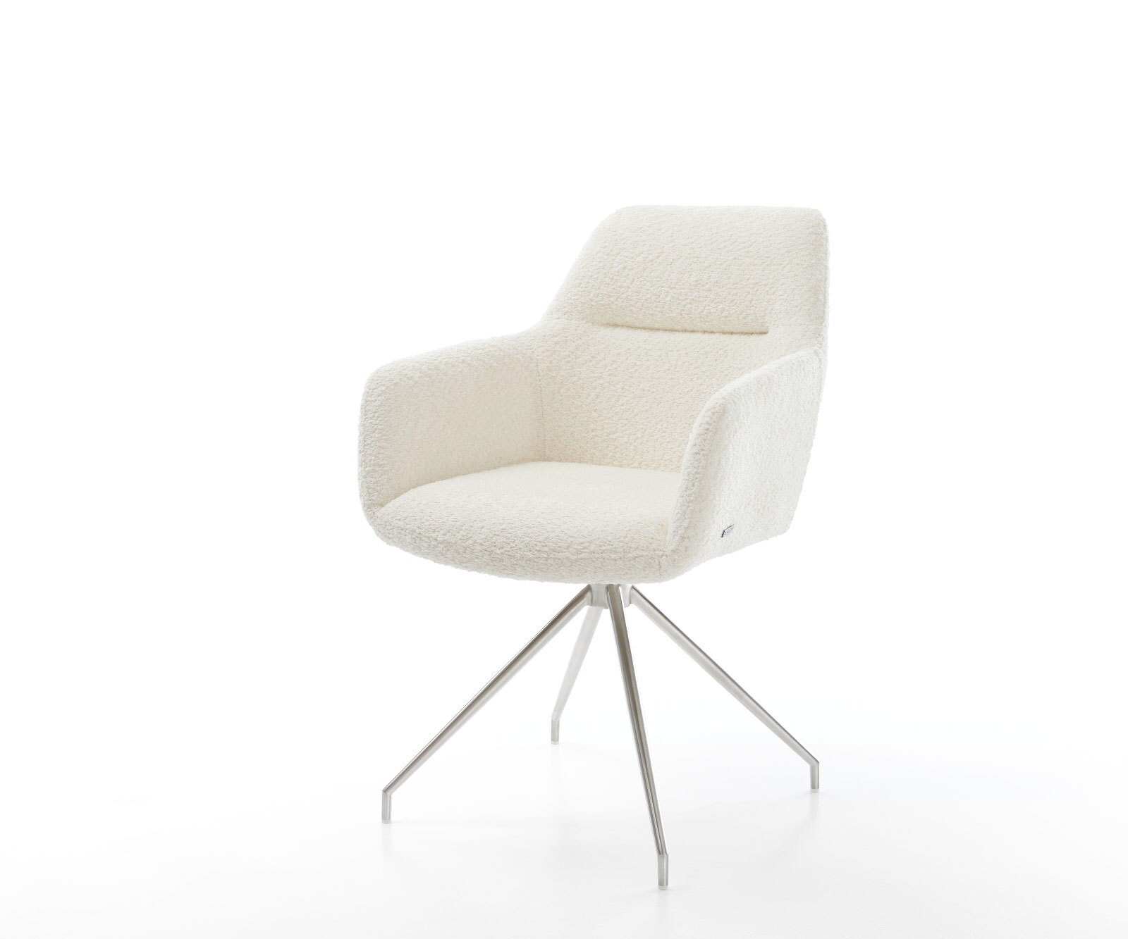 Chaise-de-salle-à-manger Pejo-Flex bouclé blanc pied croisé conique acier inoxydable brossé ressorts ensachés