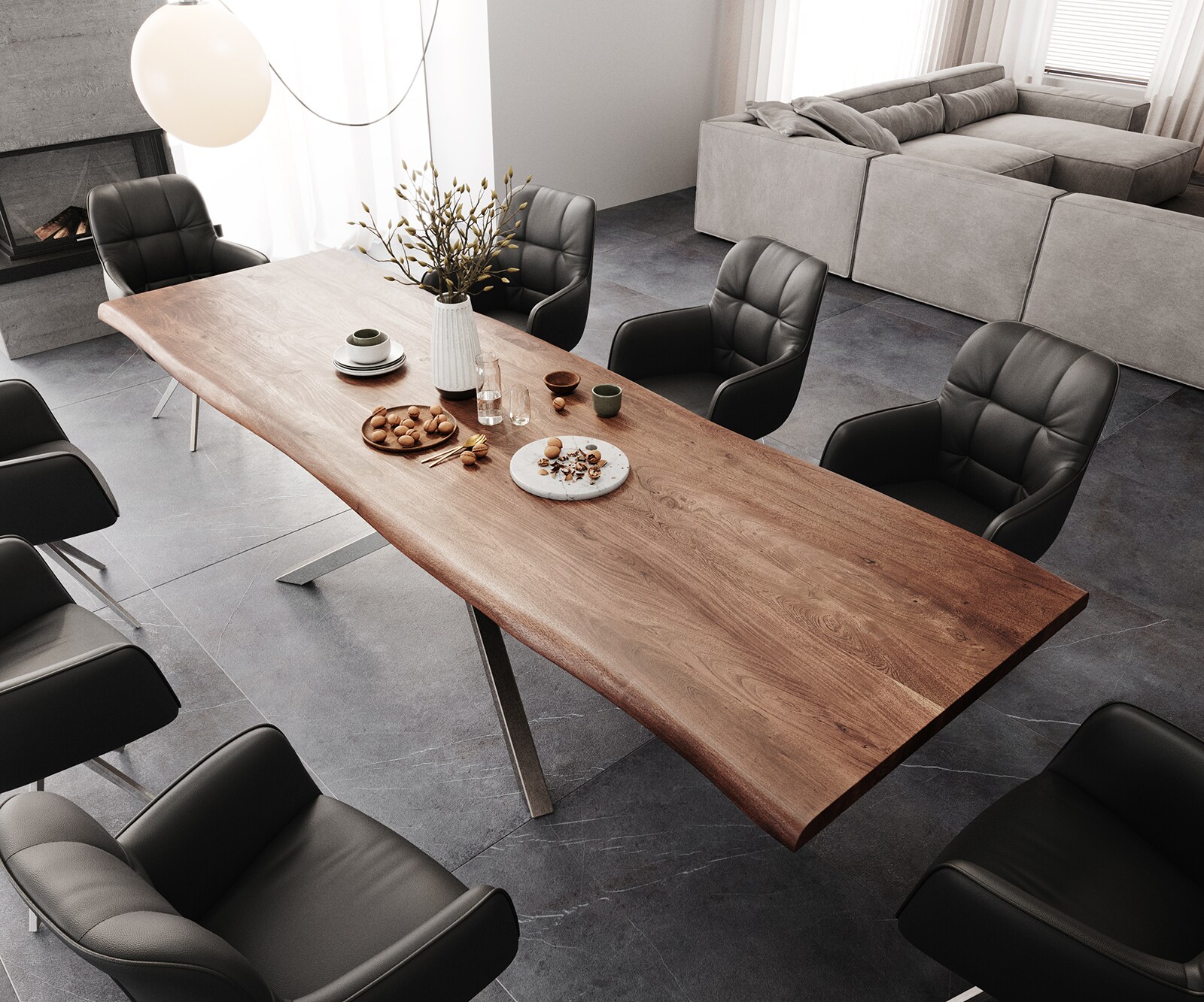 Table à manger Edge 300x100 XL acacia marron cadre croisé rectangle acier inoxydable Live-Edge 4