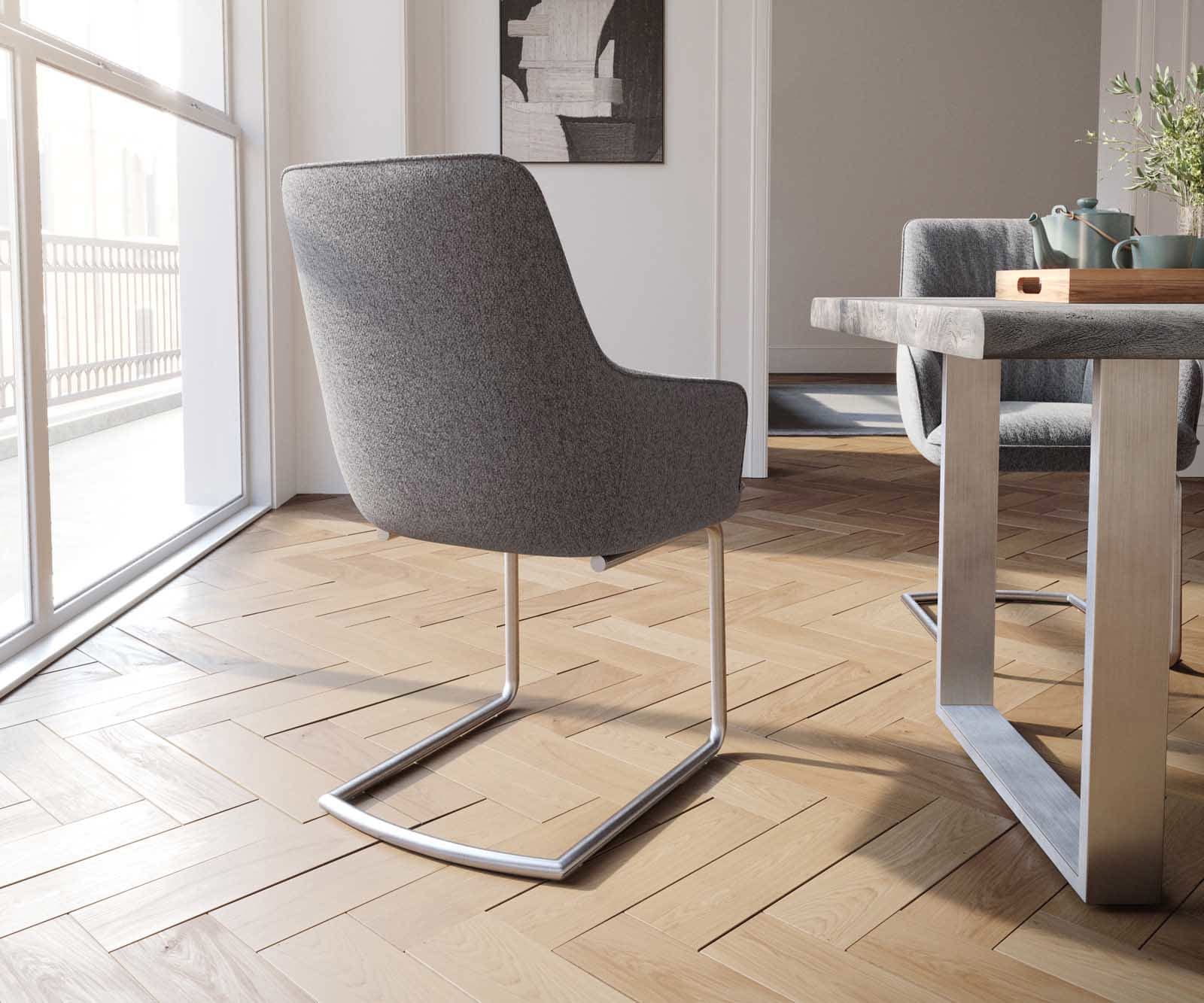Cantilever Zelia-Flex avec accoudoirs tissu texturé gris clair pied cantilever rond acier inoxydable brossé ressorts ensachés 4 Cantilever Zelia-Flex avec accoudoirs tissu texturé gris clair pied cantilever rond acier inoxydable brossé ressorts ensachés 4