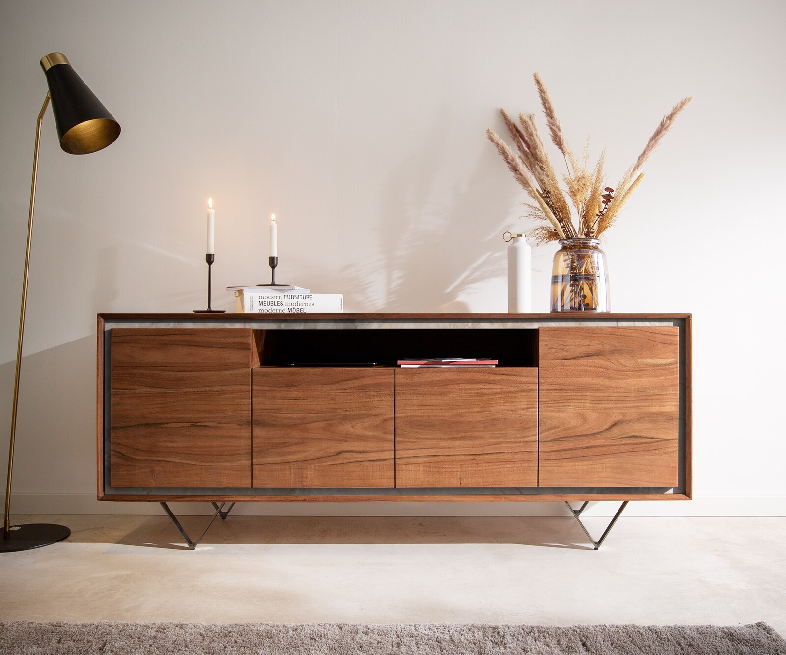 Buffet Stonegrace 175 cm acacia marron placage de pierre 4 portes 1 compartiment pied en V noir 1