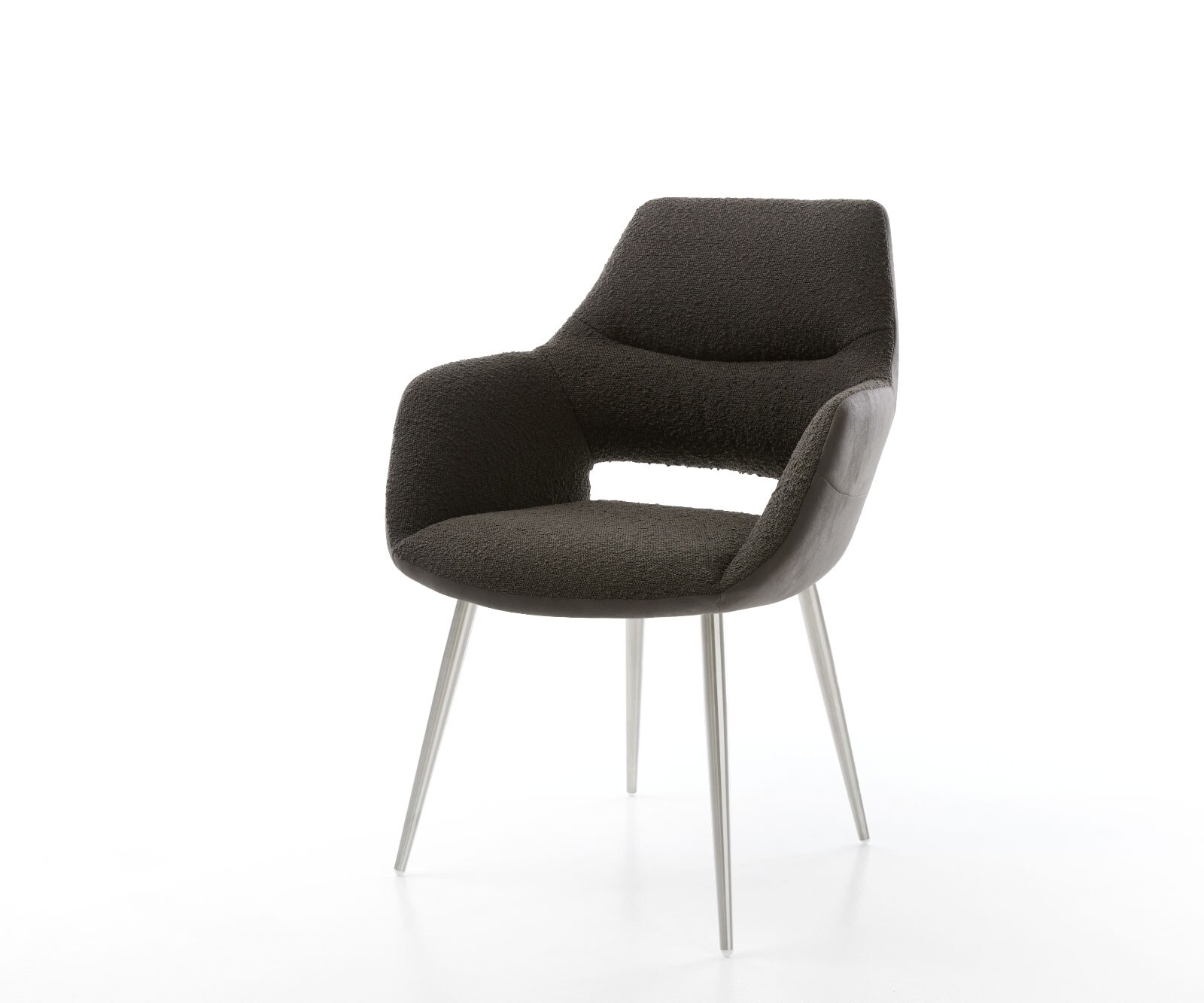 Chaise-de-salle-à-manger Yago-Flex avec accoudoirs tissu mixte noir 4 pieds coniques acier inoxydable brossé ressorts ensachés