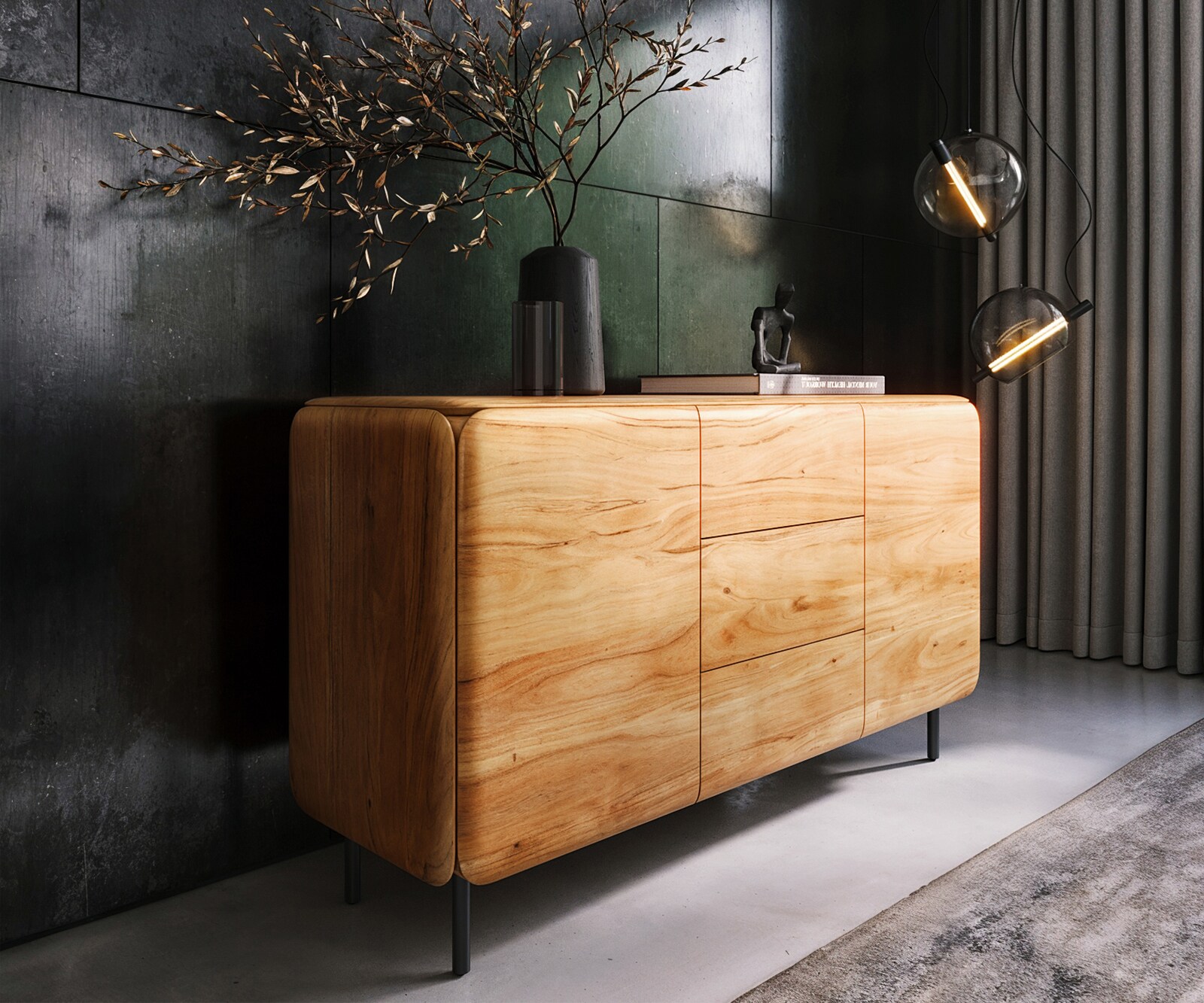 Buffet Shavani 145 cm Acacia naturel 2 portes 3 tiroirs Pieds ronds Métal Noir