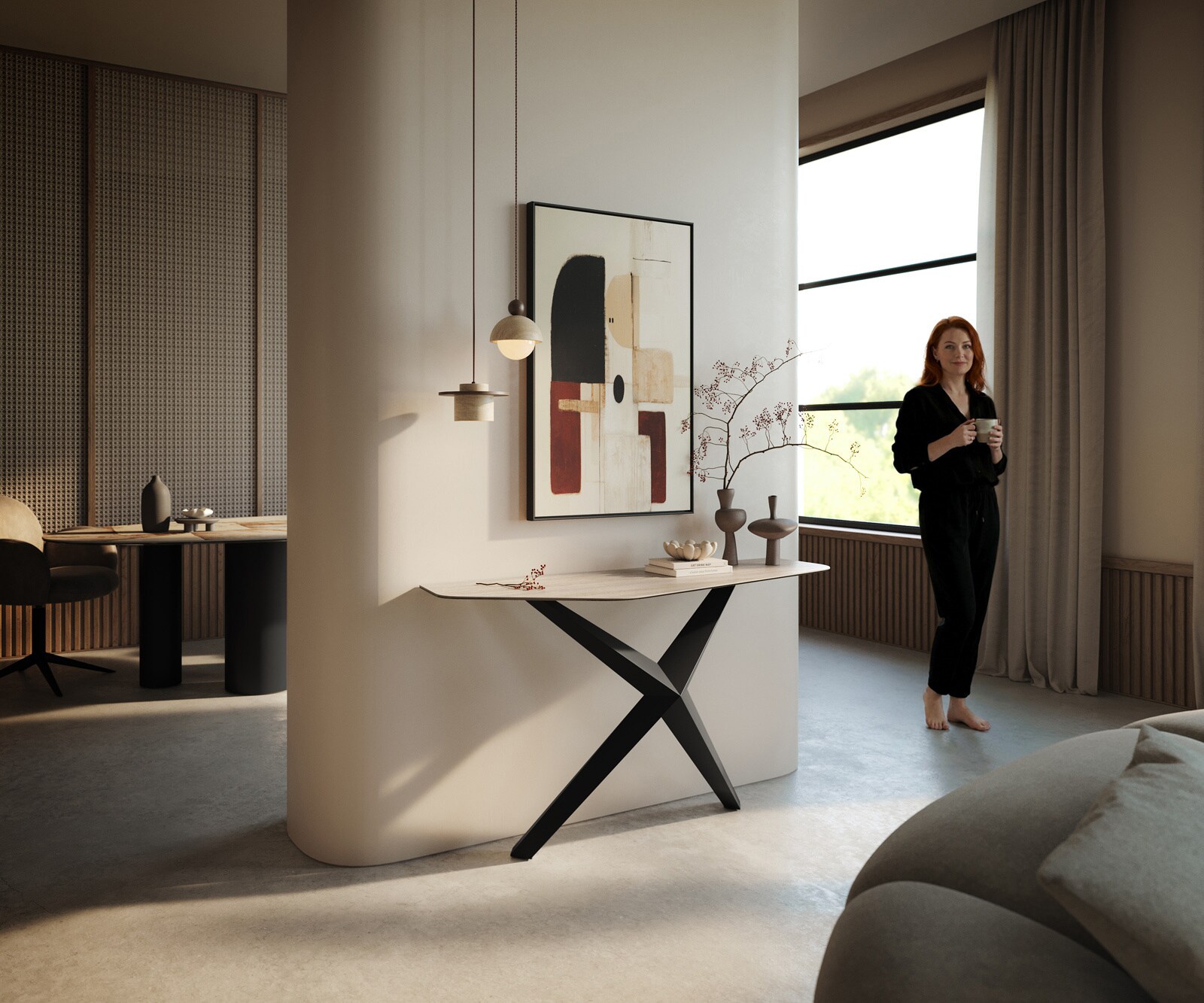 Console Edge Polygonal 140x50 cm Céramique Laminam® Travertino Bianco Creme-Weiß Zentharo Métal Noir 6