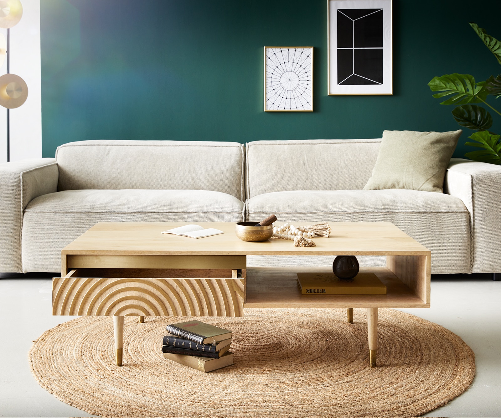 Table-basse Budaya 115x60 cm Manguier Naturel 2 tiroirs Pied rond 3 Table-basse Budaya 115x60 cm Manguier Naturel 2 tiroirs Pied rond 3