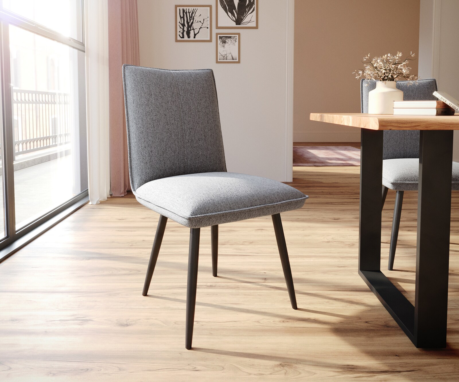 Chaise-de-salle-à-manger Lelio-Flex tissu texturé gris clair 4 pieds coniques noir ressorts ensachés