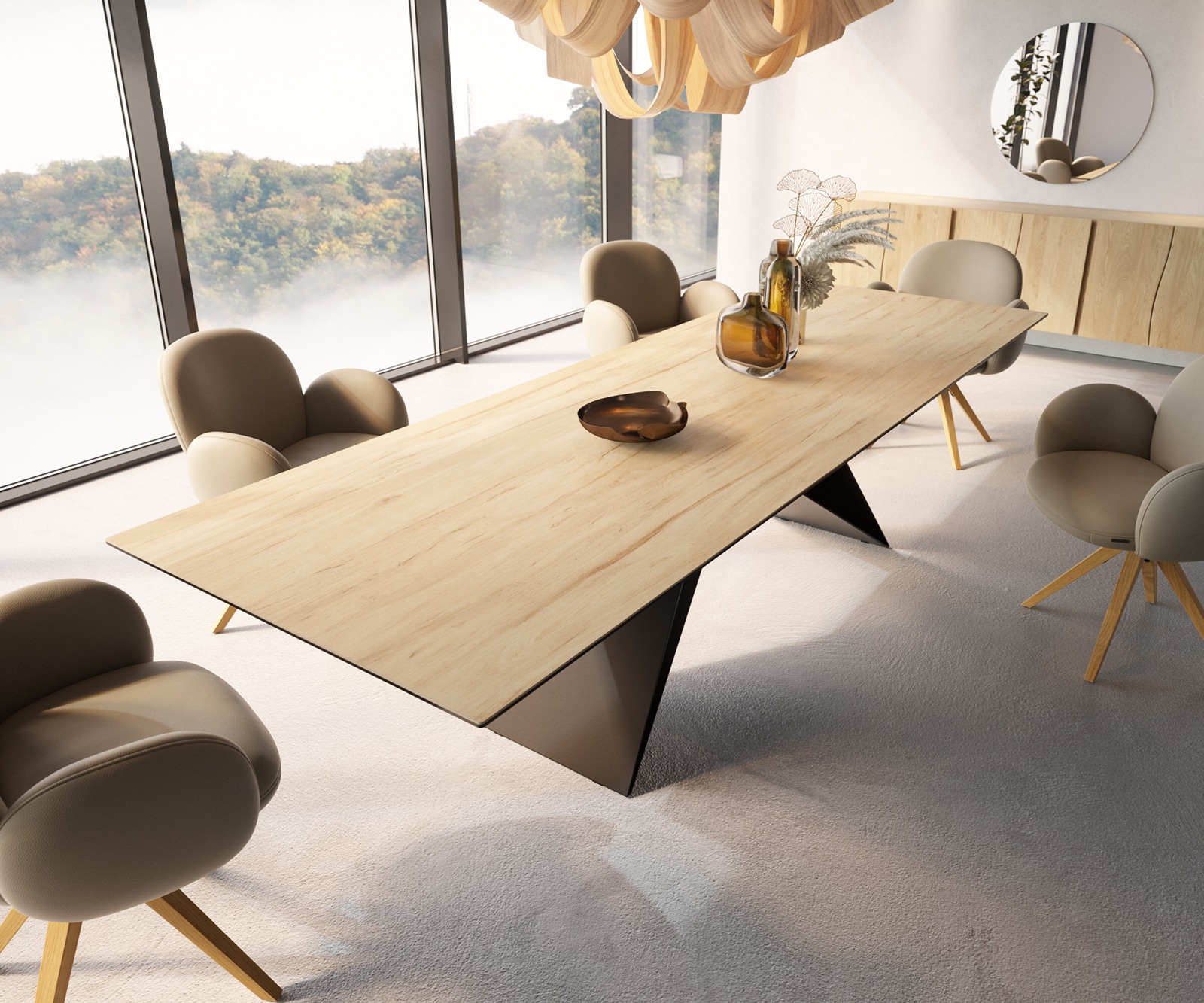 Table à manger Edge 300x100 céramique Laminam® Sabbia couleur chêne cadre en V acier plat noir Table à manger Edge 300x100 céramique Laminam® Sabbia couleur chêne cadre en V acier plat noir