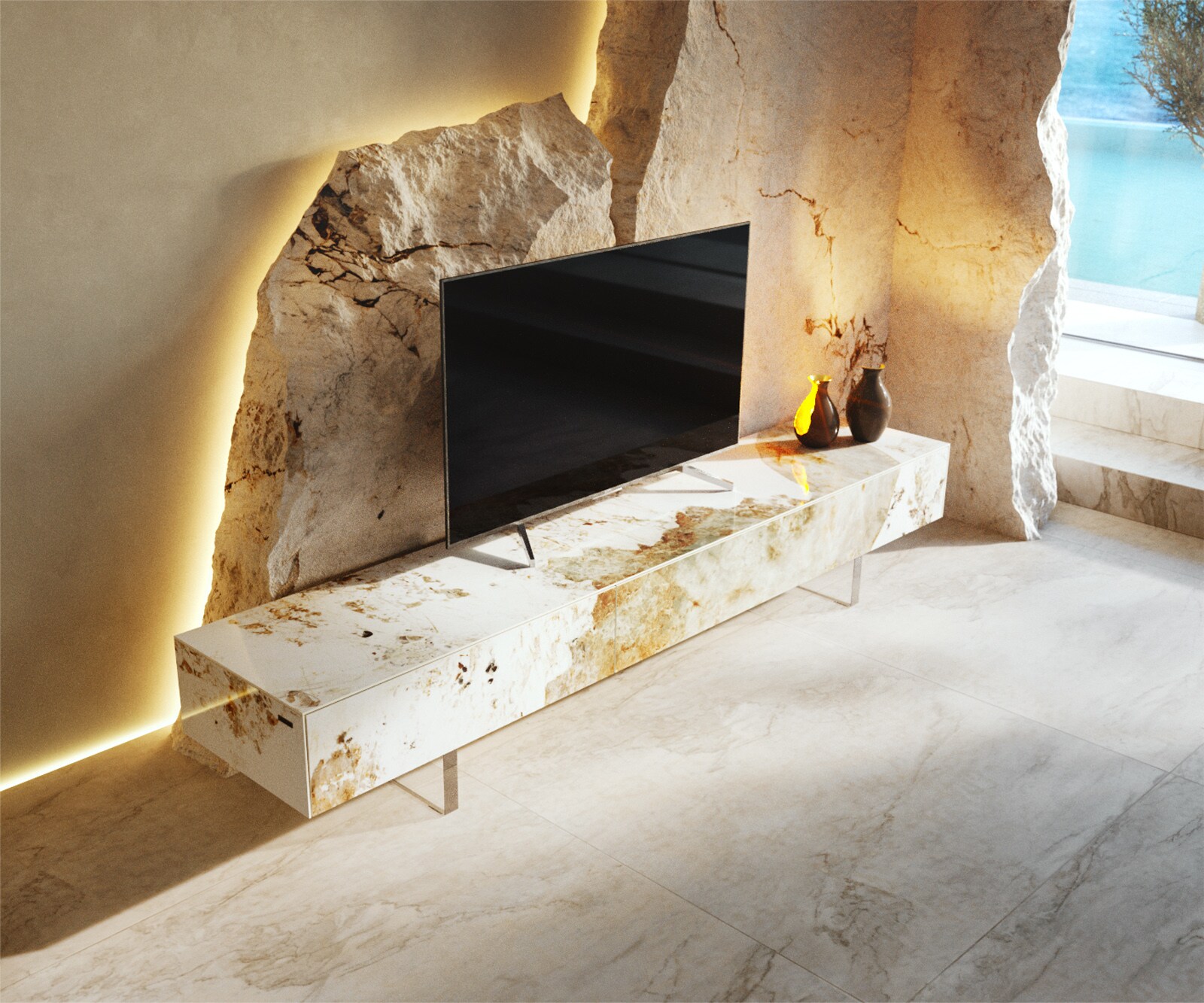 Meuble-TV Cuor 200 cm Céramique Minas Melange Blanc-beige 1 Clapet 1 Tiroir Pied optique flottant Verre acrylique 3